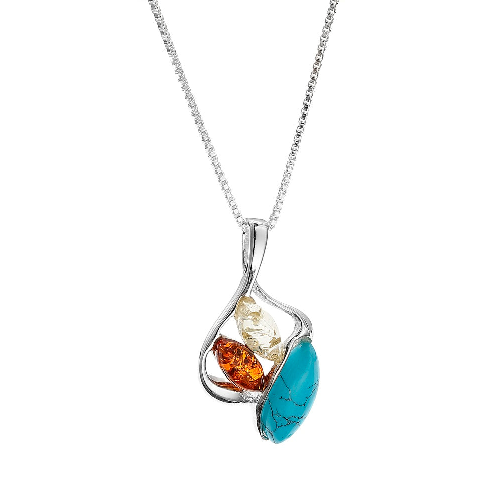 Multicolor Baltic Amber & Turquoise Pendant – Earthy Elegance in Sterling Silver
