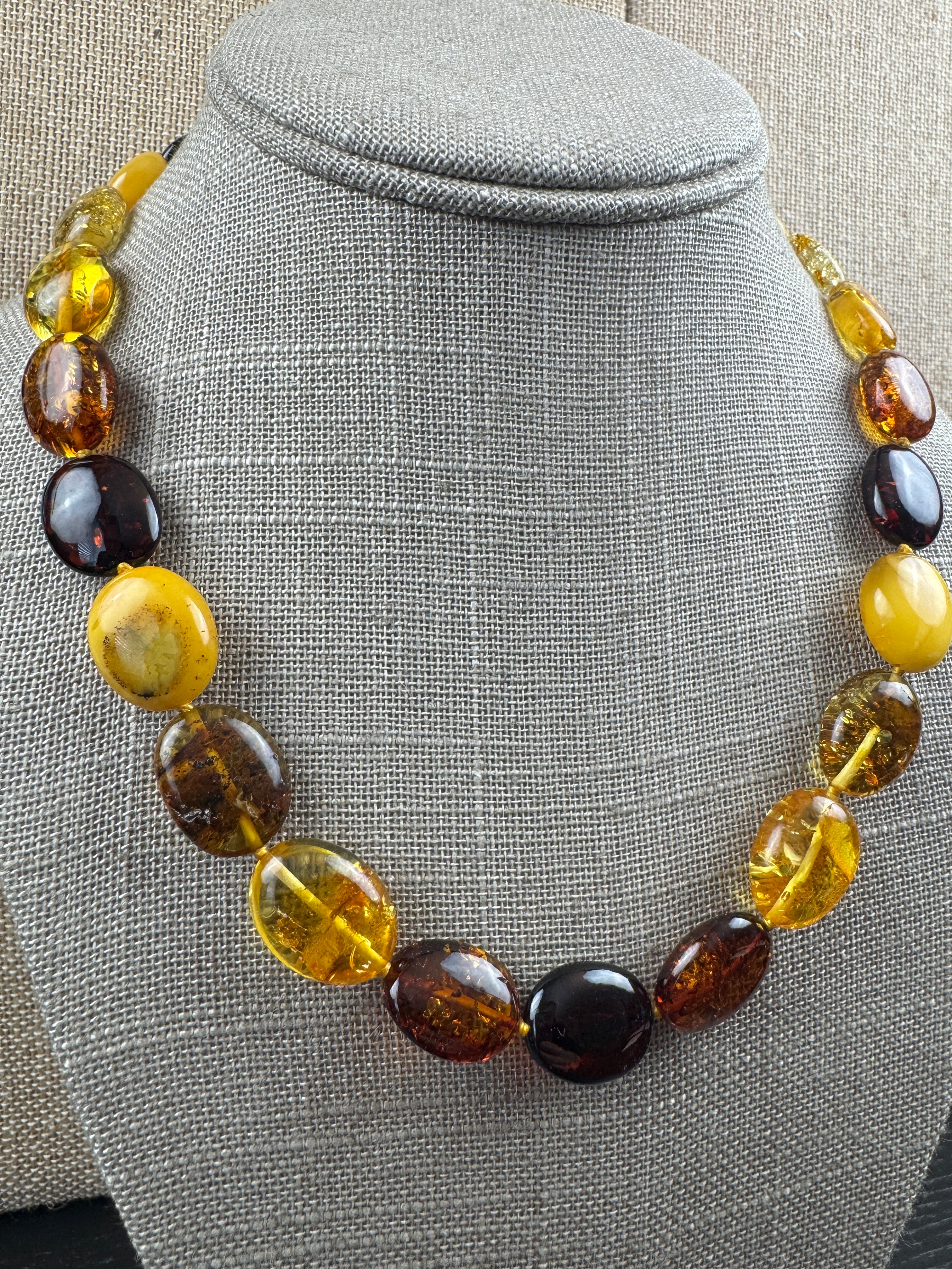 Multicolor Baltic Amber Bead Necklace – Oval Bean Shape, Sterling Silver Closure, Handmade in Lithuania