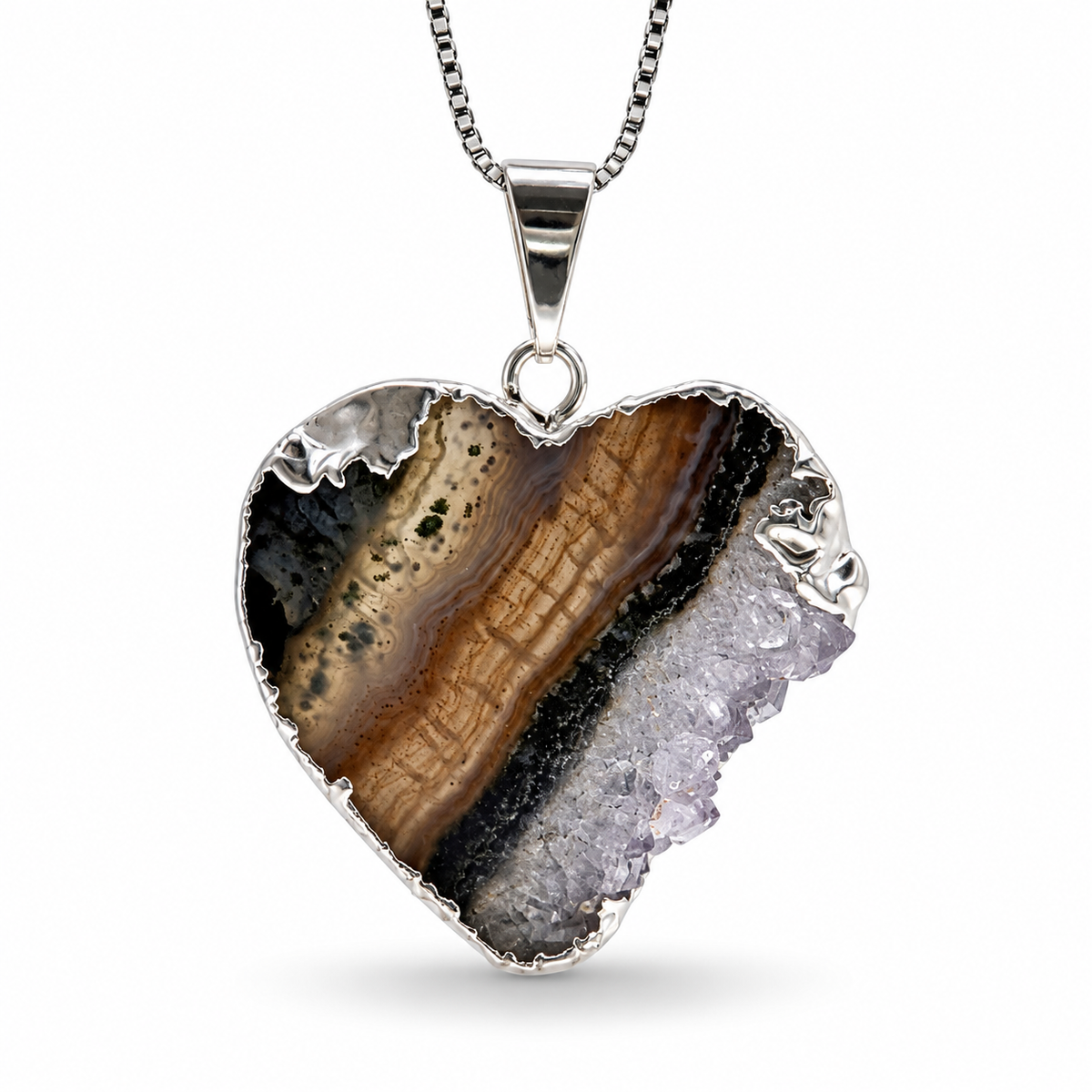 Natural Gemstone Druzy Pendant Necklace – Amethyst, Citrine & Agate