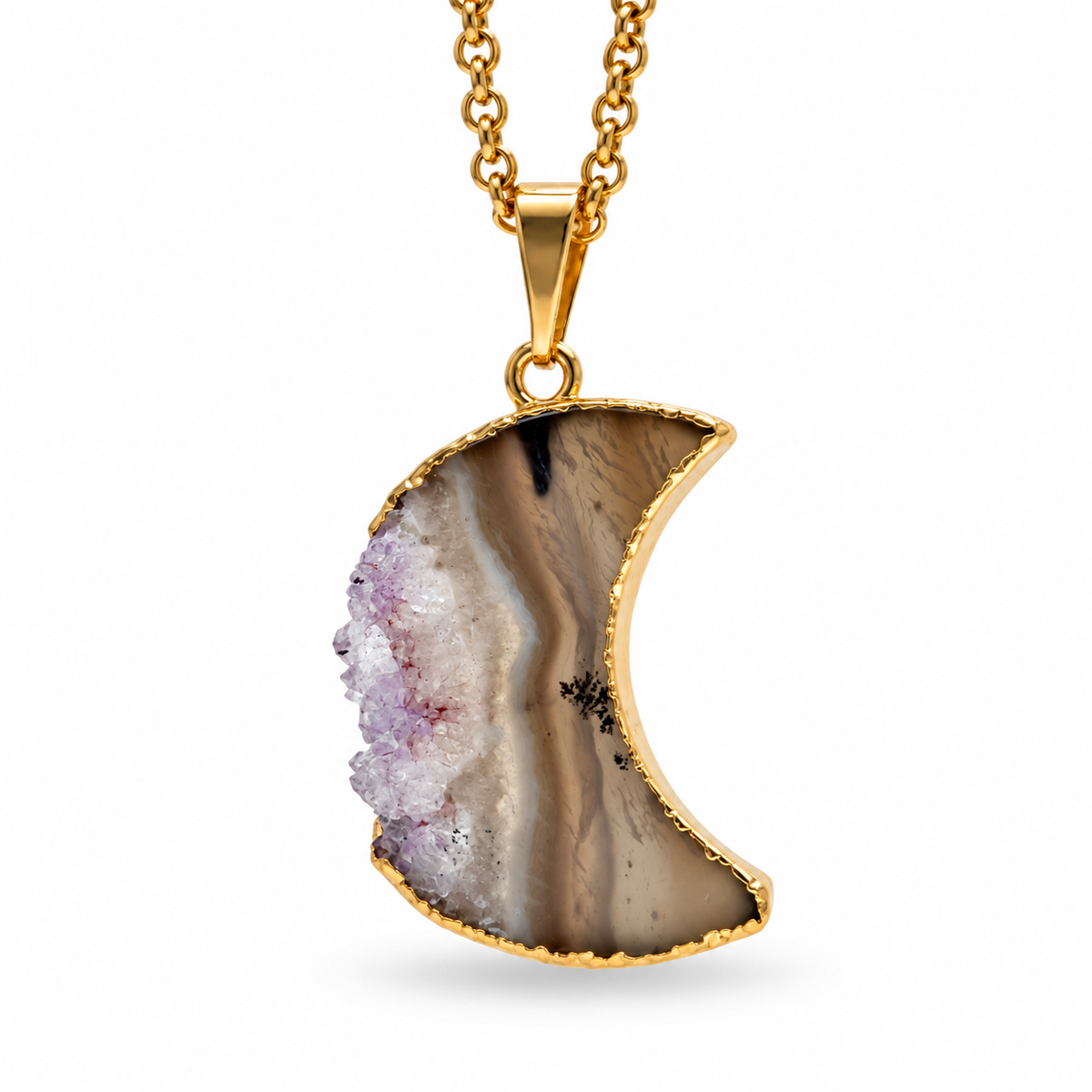 Natural Gemstone Druzy Pendant Necklace – Amethyst, Citrine & Agate