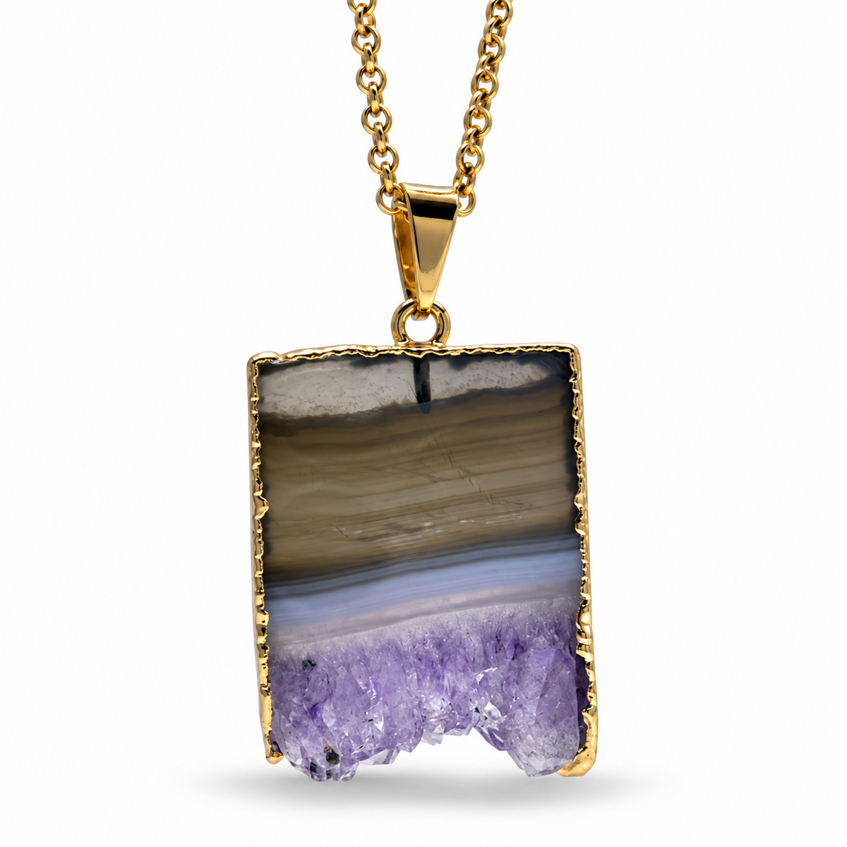 Natural Gemstone Druzy Pendant Necklace – Amethyst, Citrine & Agate