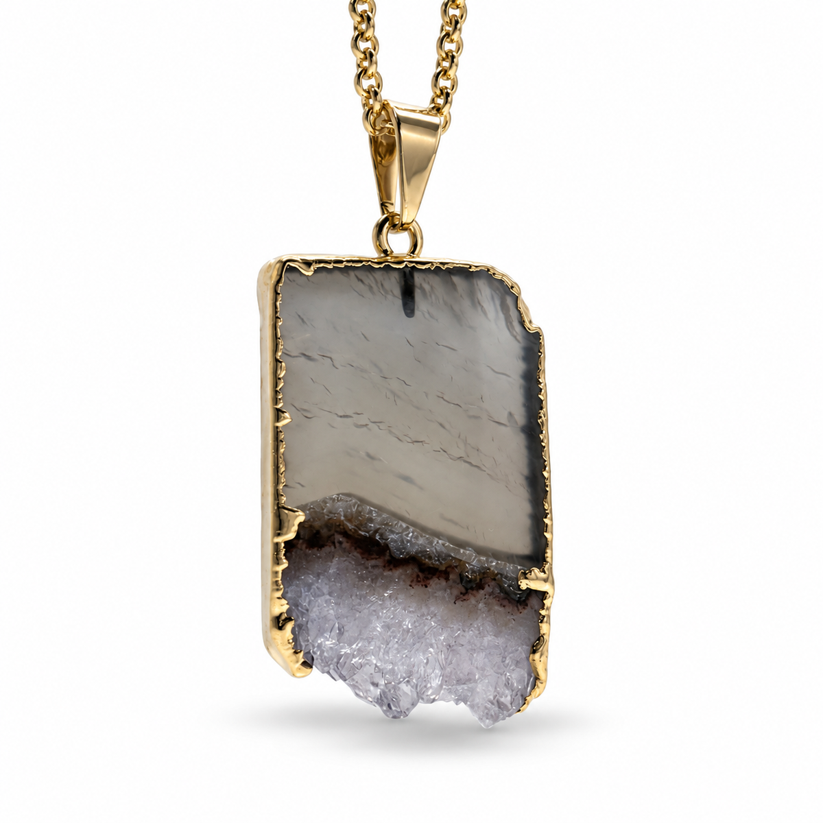 Natural Gemstone Druzy Pendant Necklace – Amethyst, Citrine & Agate