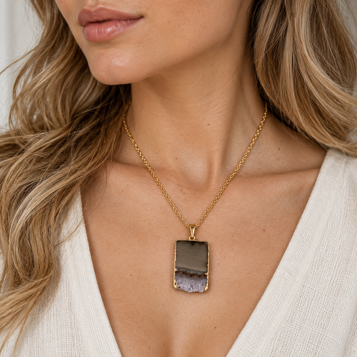 Natural Gemstone Druzy Pendant Necklace – Amethyst, Citrine & Agate