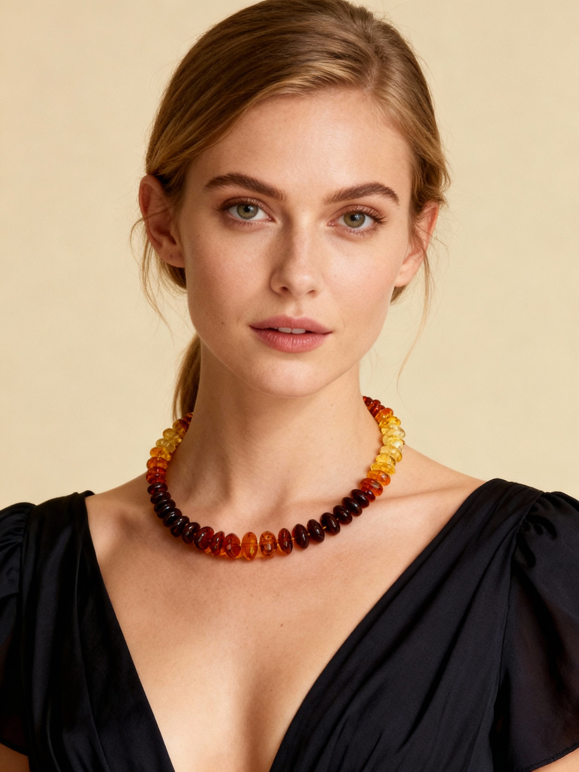 Museum Quality Rainbow Multicolor Ombré Baltic Amber Donut Bead Necklace – 22 Inch Graduated Strand