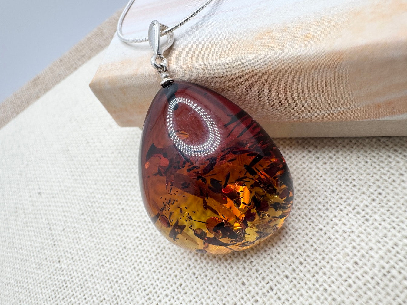 Ombré Lemon to Honey Baltic Amber Teardrop Pendant Necklace – Sterling Silver Snake Chain