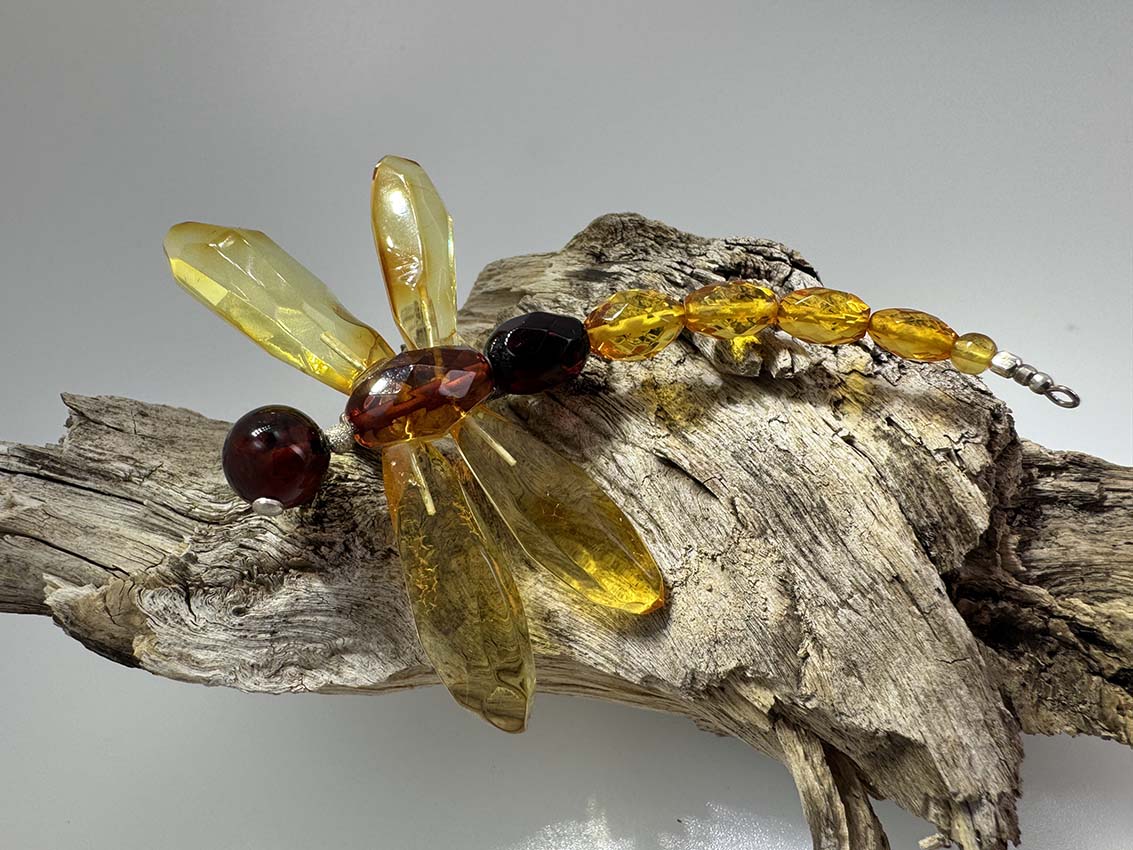 One-of-a-Kind Baltic Amber Dragonfly Brooch - Cognac, Lemon & Cherry