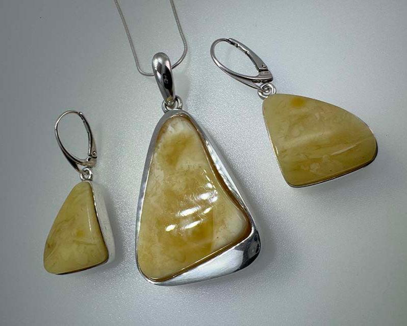 One-of-a-Kind Butterscotch Baltic Amber Pendant & Earring Set - Modern Sterling Silver Design
