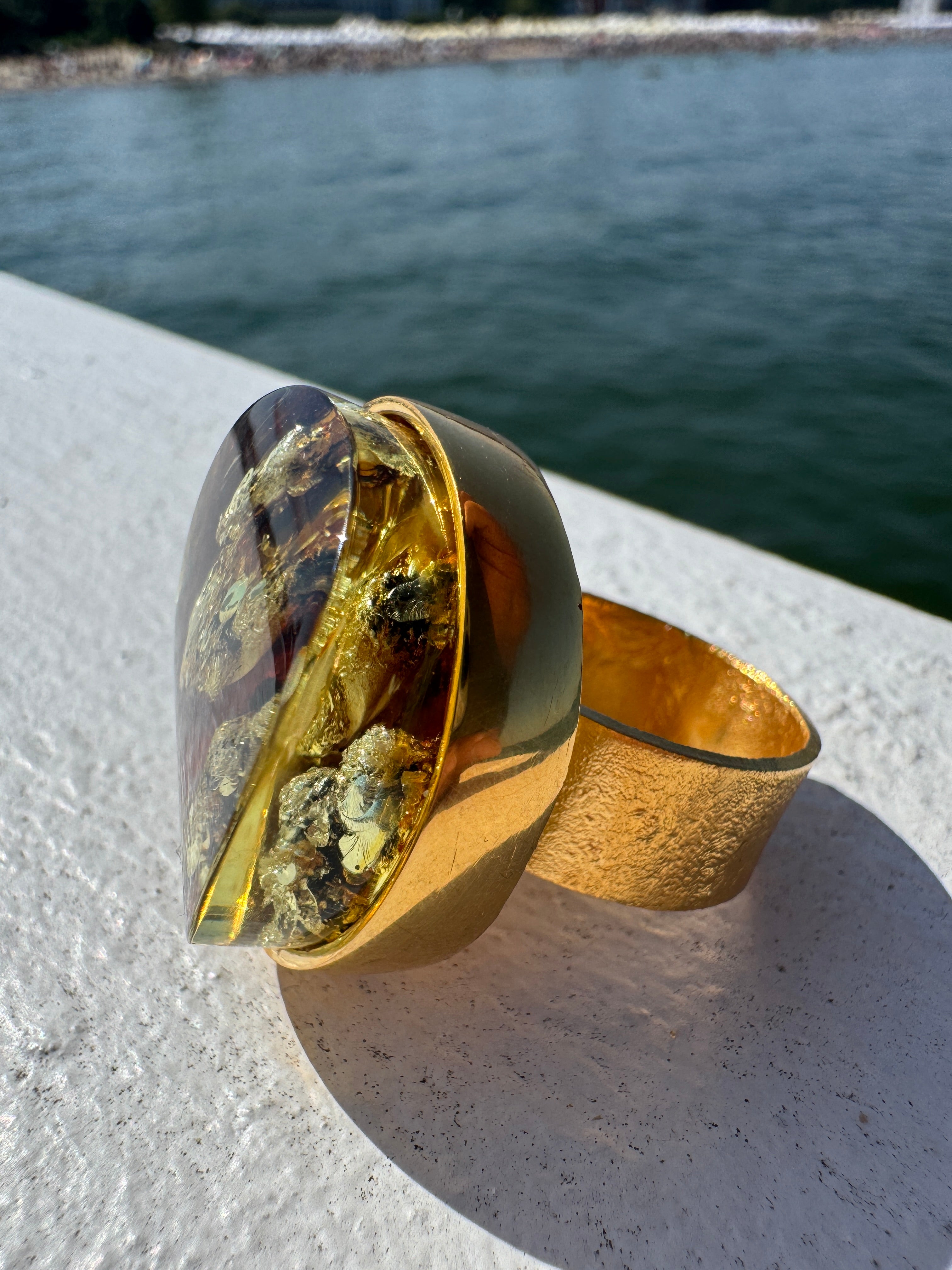 One-of-a-Kind Gold Plated Sterling Silver Baltic Amber Statement Ring | Adjustable Oversized Natural Amber Cocktail Jewelry