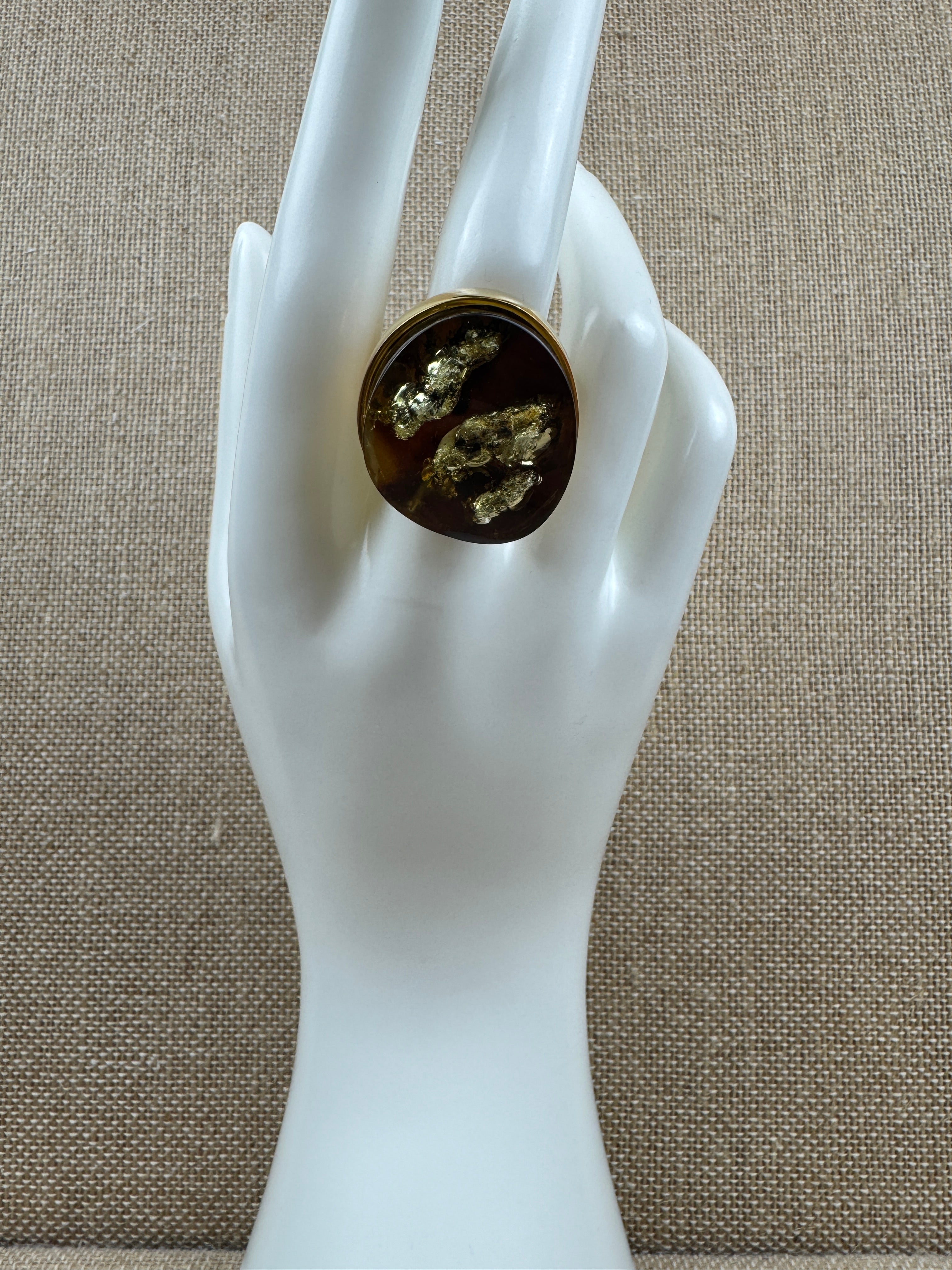 One-of-a-Kind Gold Plated Sterling Silver Baltic Amber Statement Ring | Adjustable Oversized Natural Amber Cocktail Jewelry