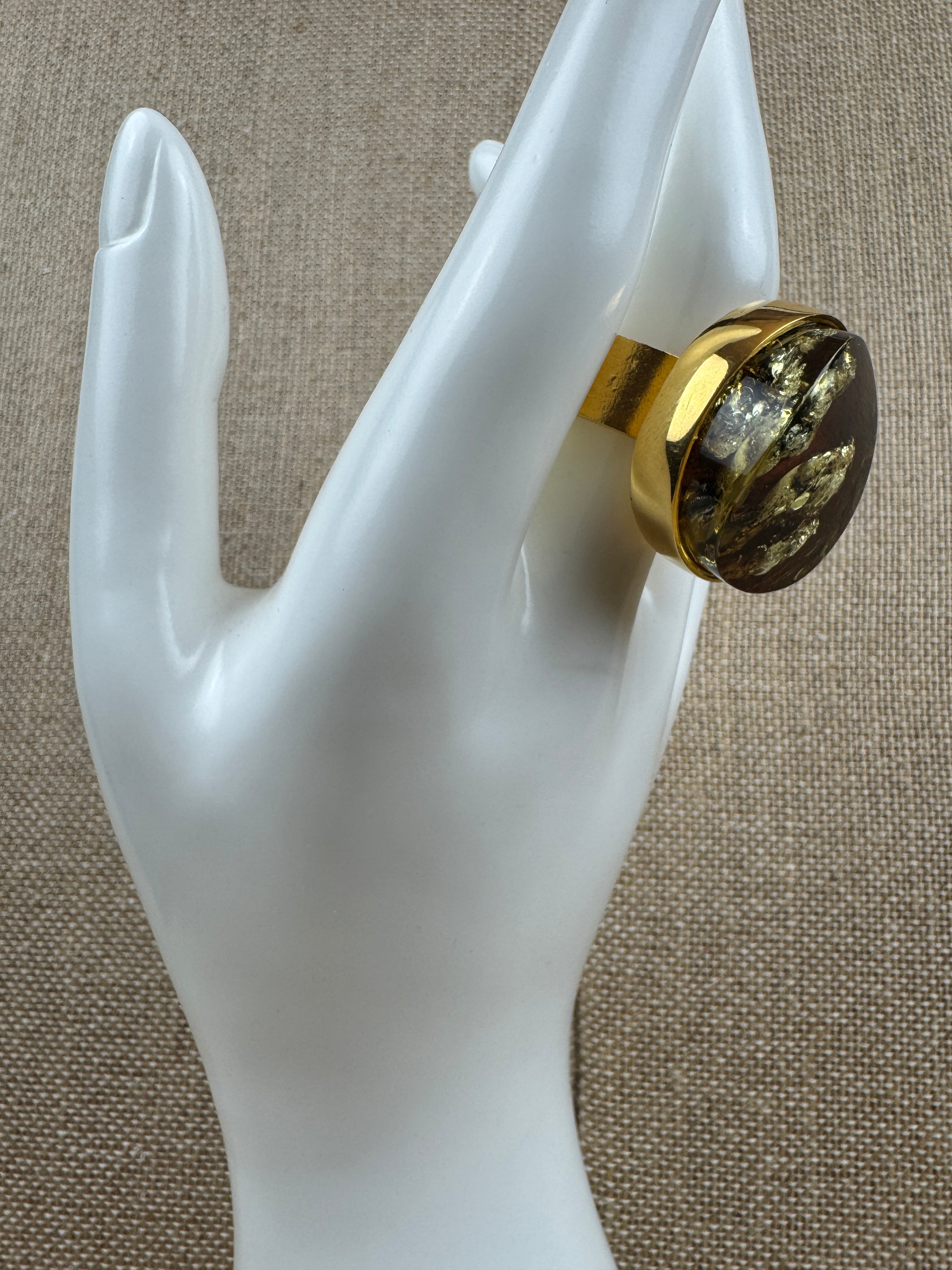 One-of-a-Kind Gold Plated Sterling Silver Baltic Amber Statement Ring | Adjustable Oversized Natural Amber Cocktail Jewelry
