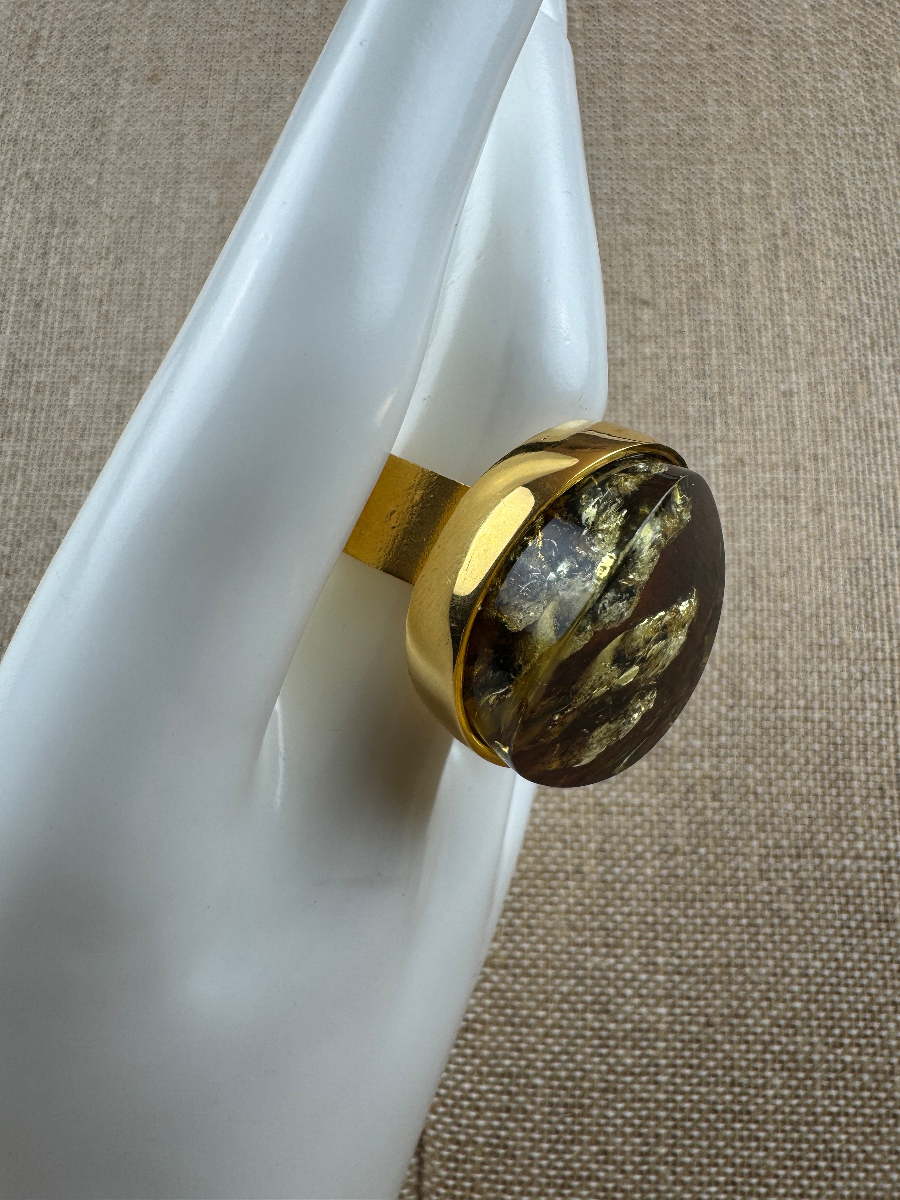 One-of-a-Kind Gold Plated Sterling Silver Baltic Amber Statement Ring | Adjustable Oversized Natural Amber Cocktail Jewelry