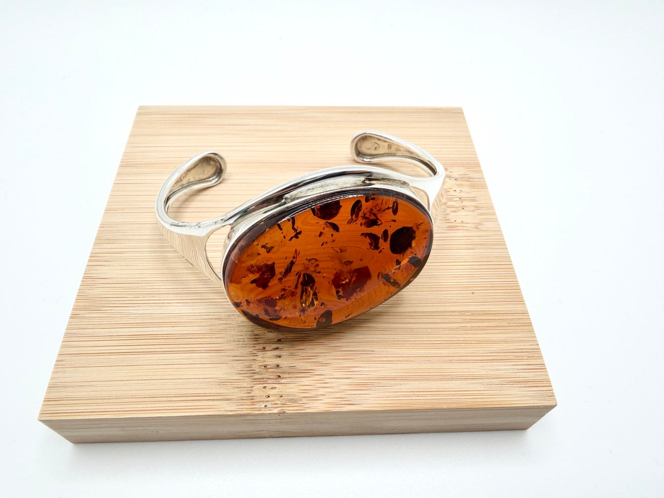 One-of-a-Kind Handmade Sterling Silver Cuff Bracelet with Genuine Cognac Baltic Amber – Museum Quality Statement Piece