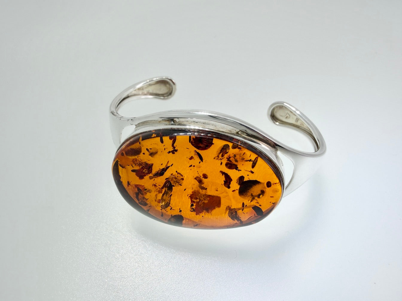 One-of-a-Kind Handmade Sterling Silver Cuff Bracelet with Genuine Cognac Baltic Amber – Museum Quality Statement Piece