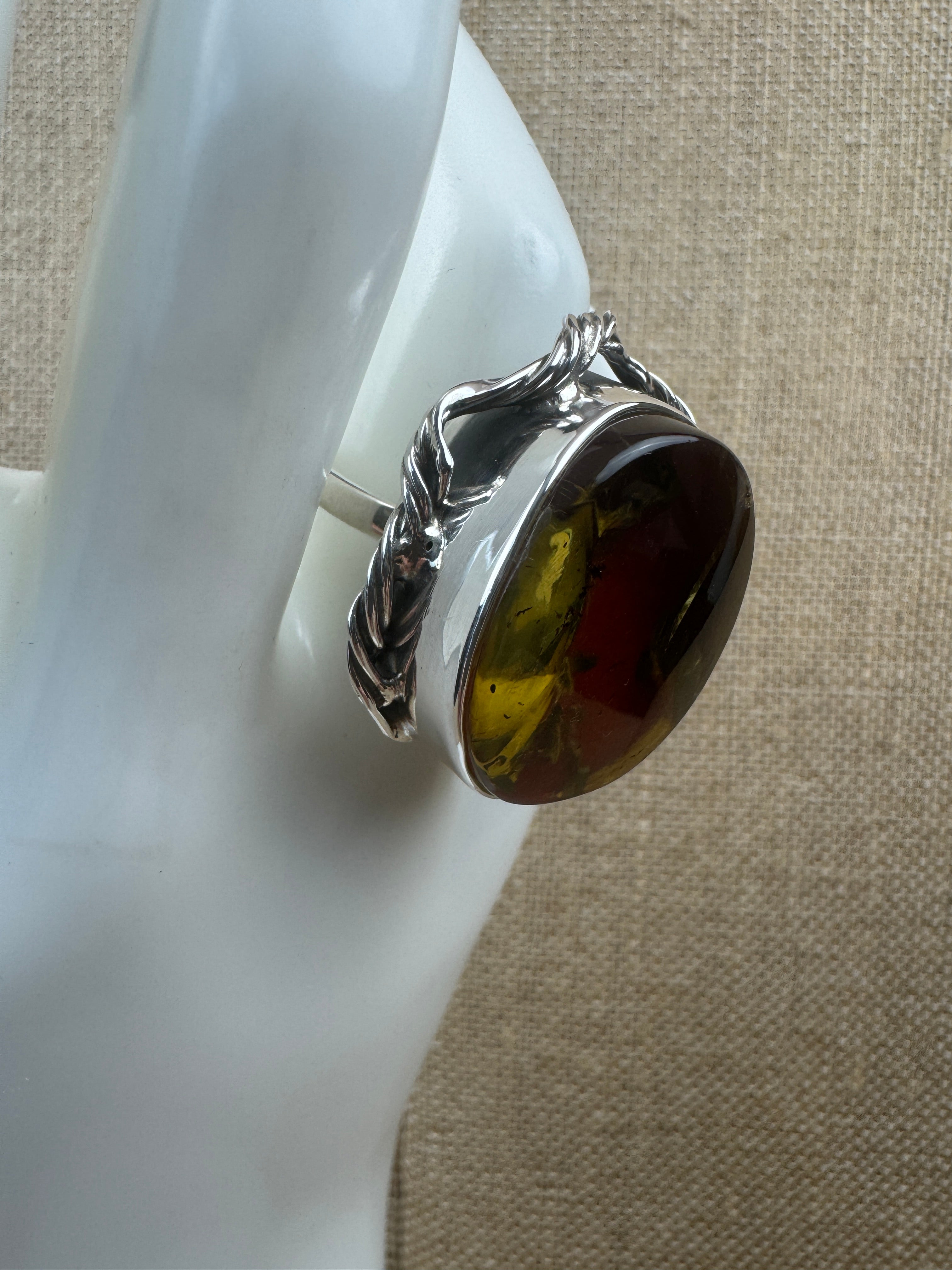 One-of-a-Kind Handmade Sterling Silver Ring with Genuine Baltic Amber Cherry Stone – Adjustable Open Shank