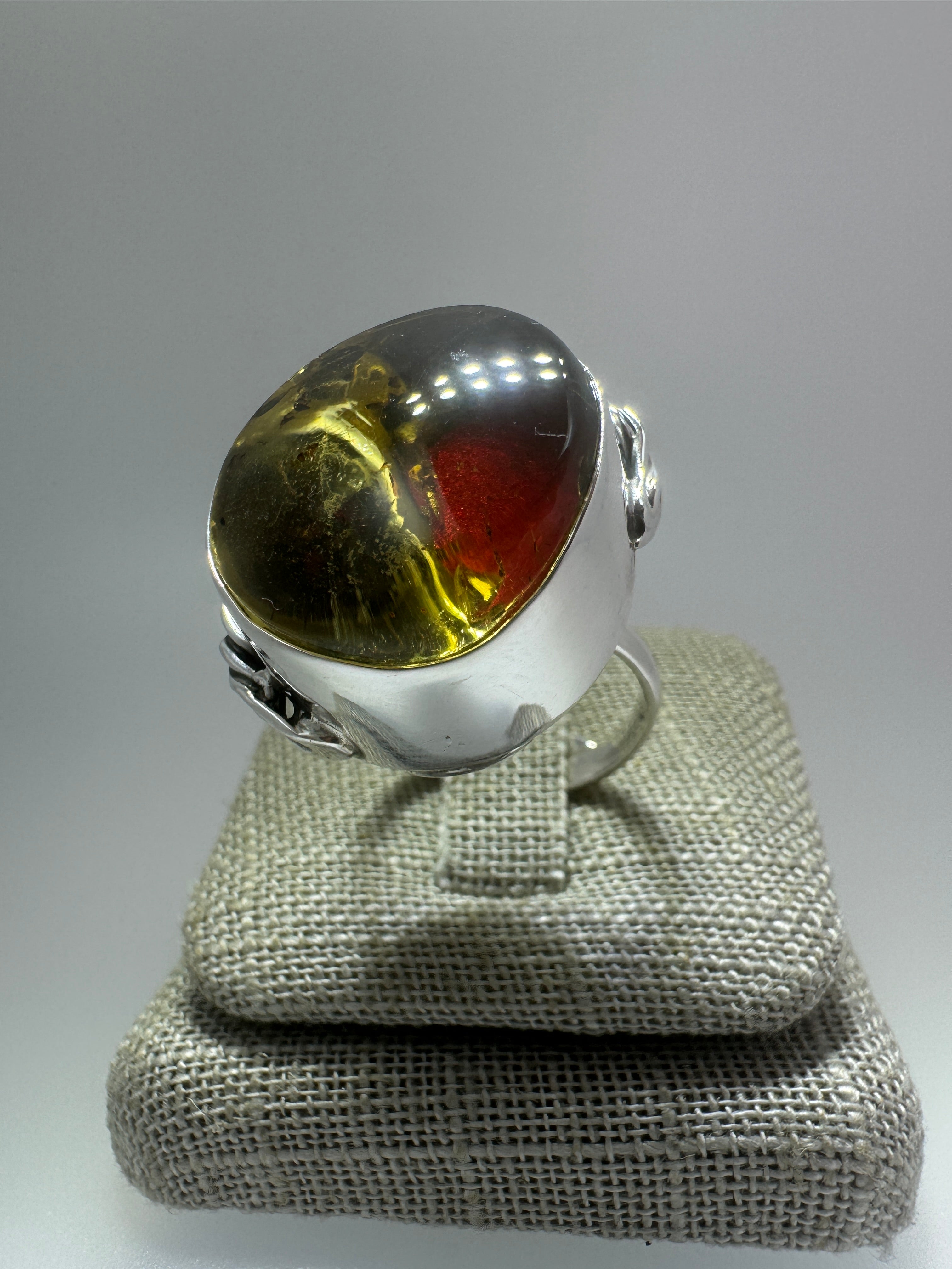 One-of-a-Kind Handmade Sterling Silver Ring with Genuine Baltic Amber Cherry Stone – Adjustable Open Shank