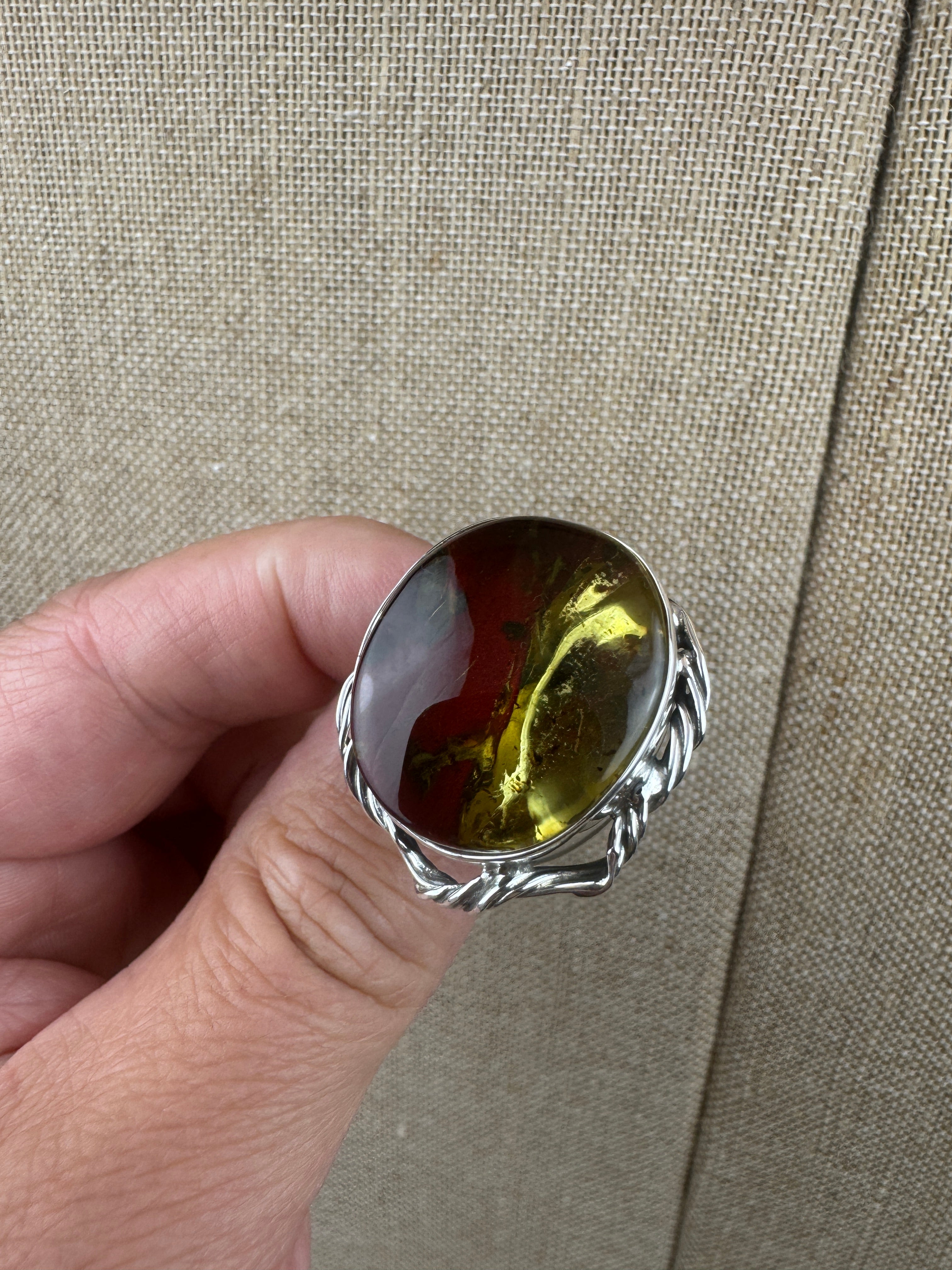 One-of-a-Kind Handmade Sterling Silver Ring with Genuine Baltic Amber Cherry Stone – Adjustable Open Shank