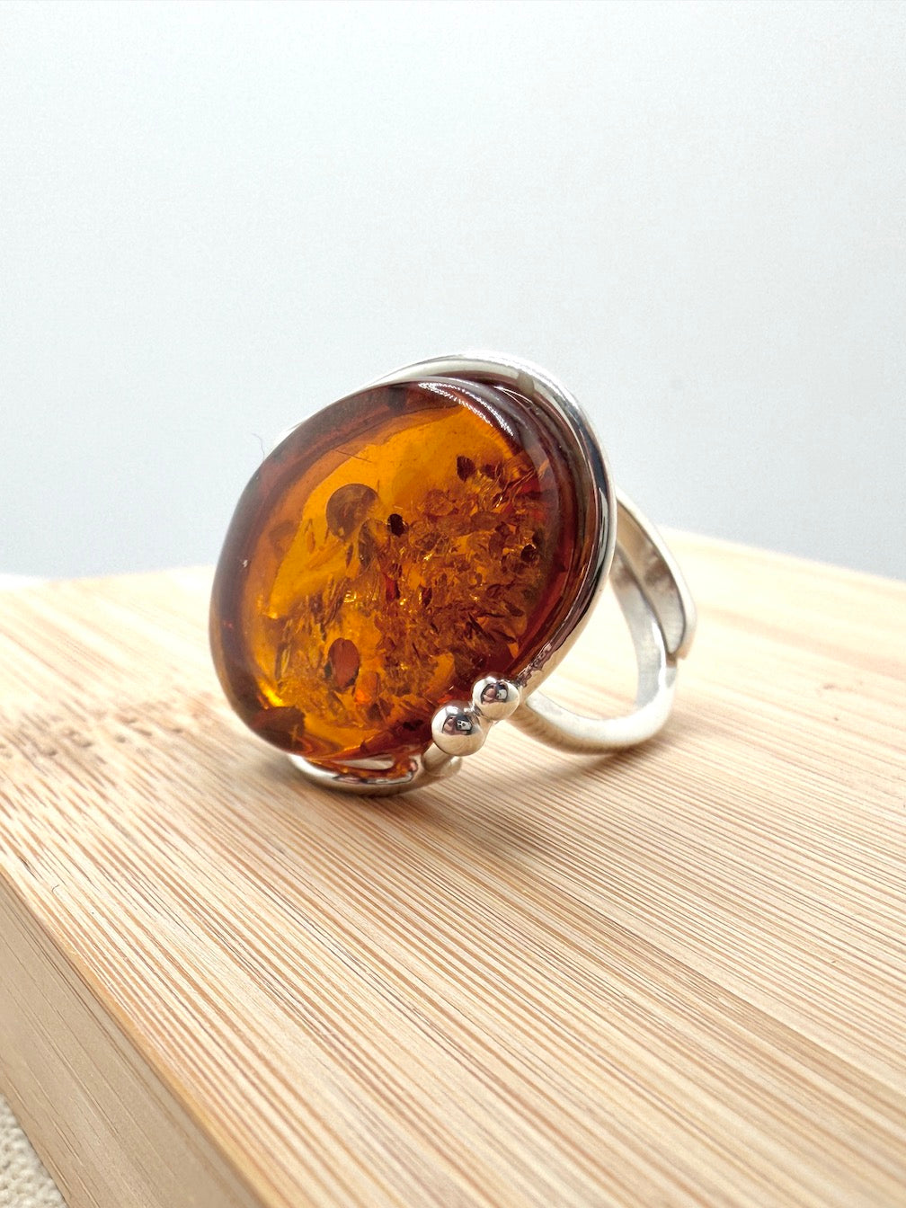 One-of-a-Kind Honey Cognac Baltic Amber Ring in Sterling Silver – Adjustable & Handmade in Poland