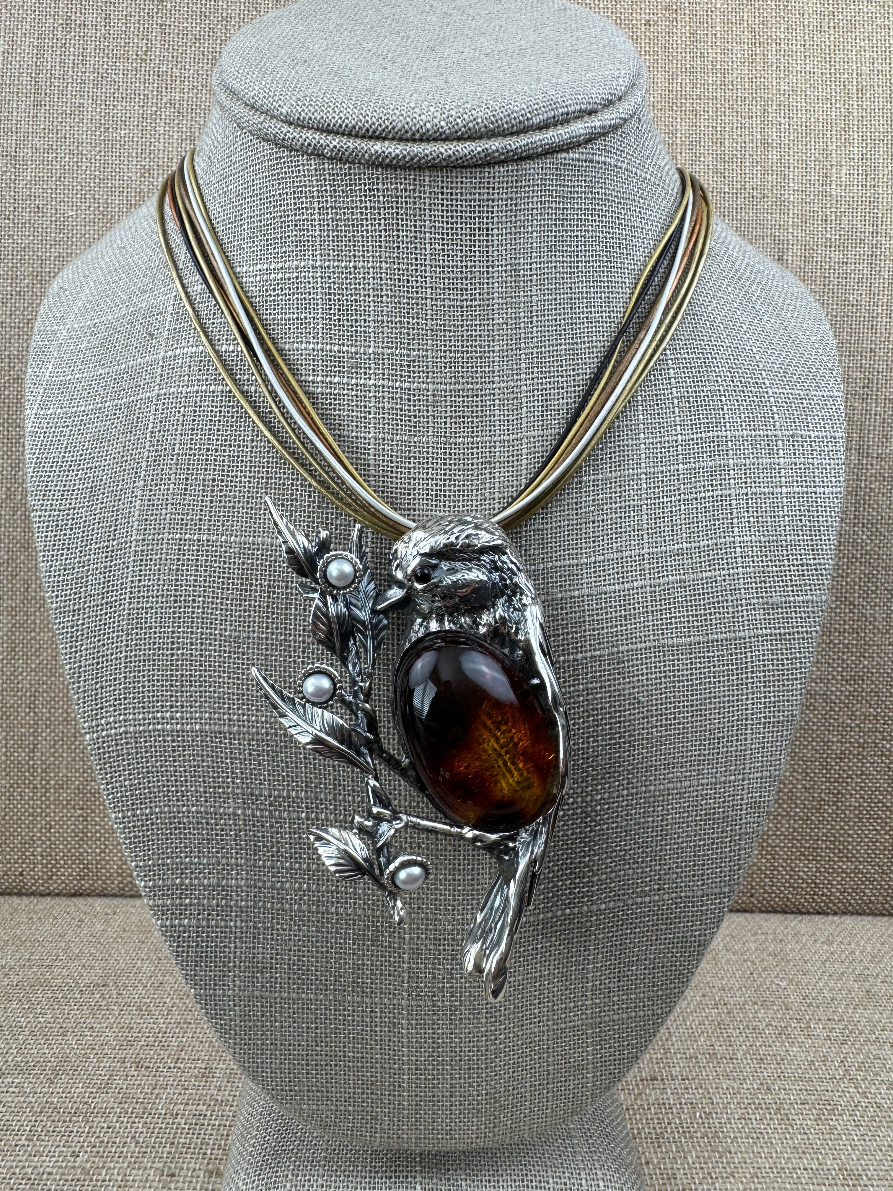 One-of-a-Kind Sterling Silver Baltic Amber Bird Pendant Brooch