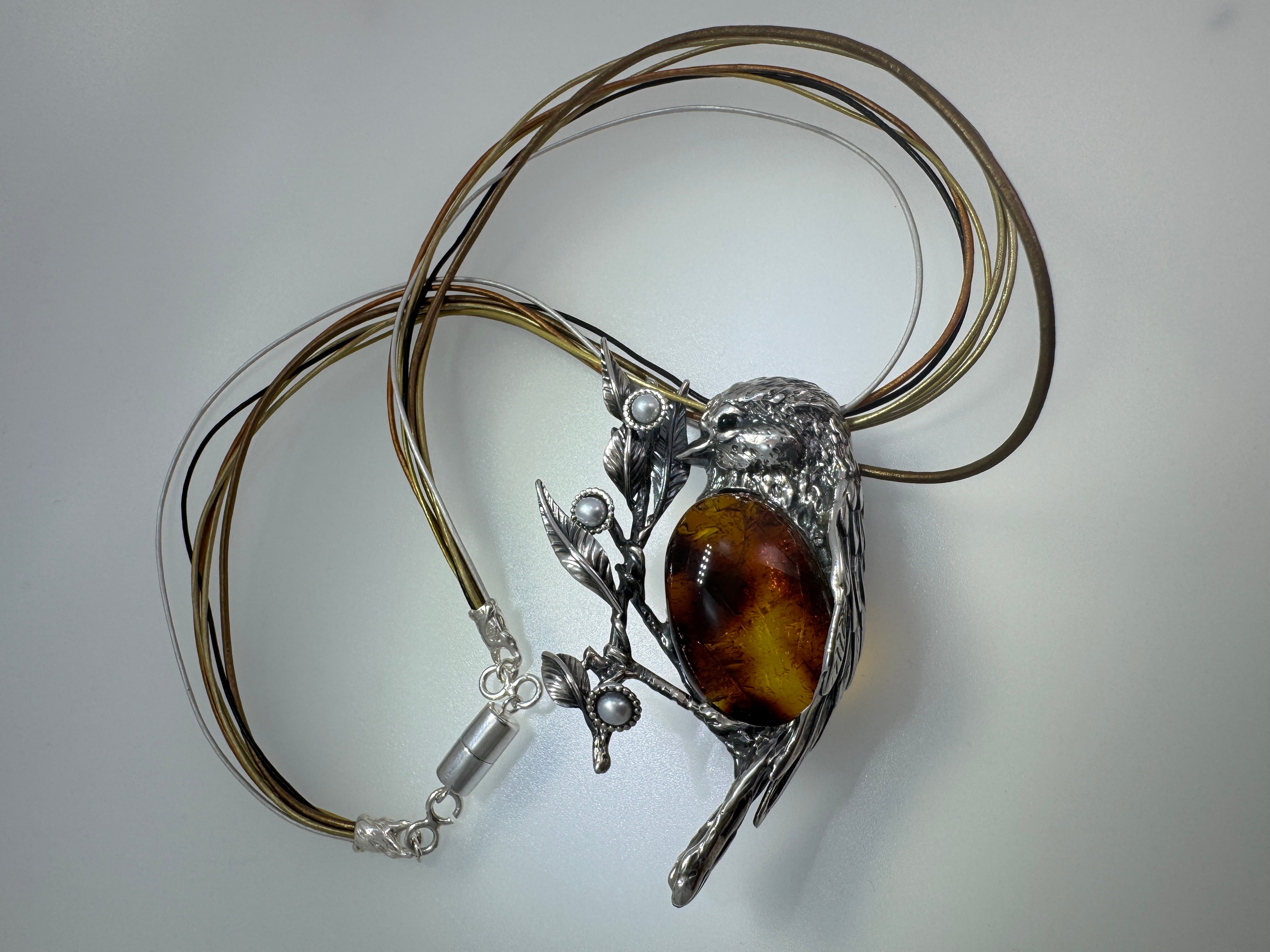 One-of-a-Kind Sterling Silver Baltic Amber Bird Pendant Brooch