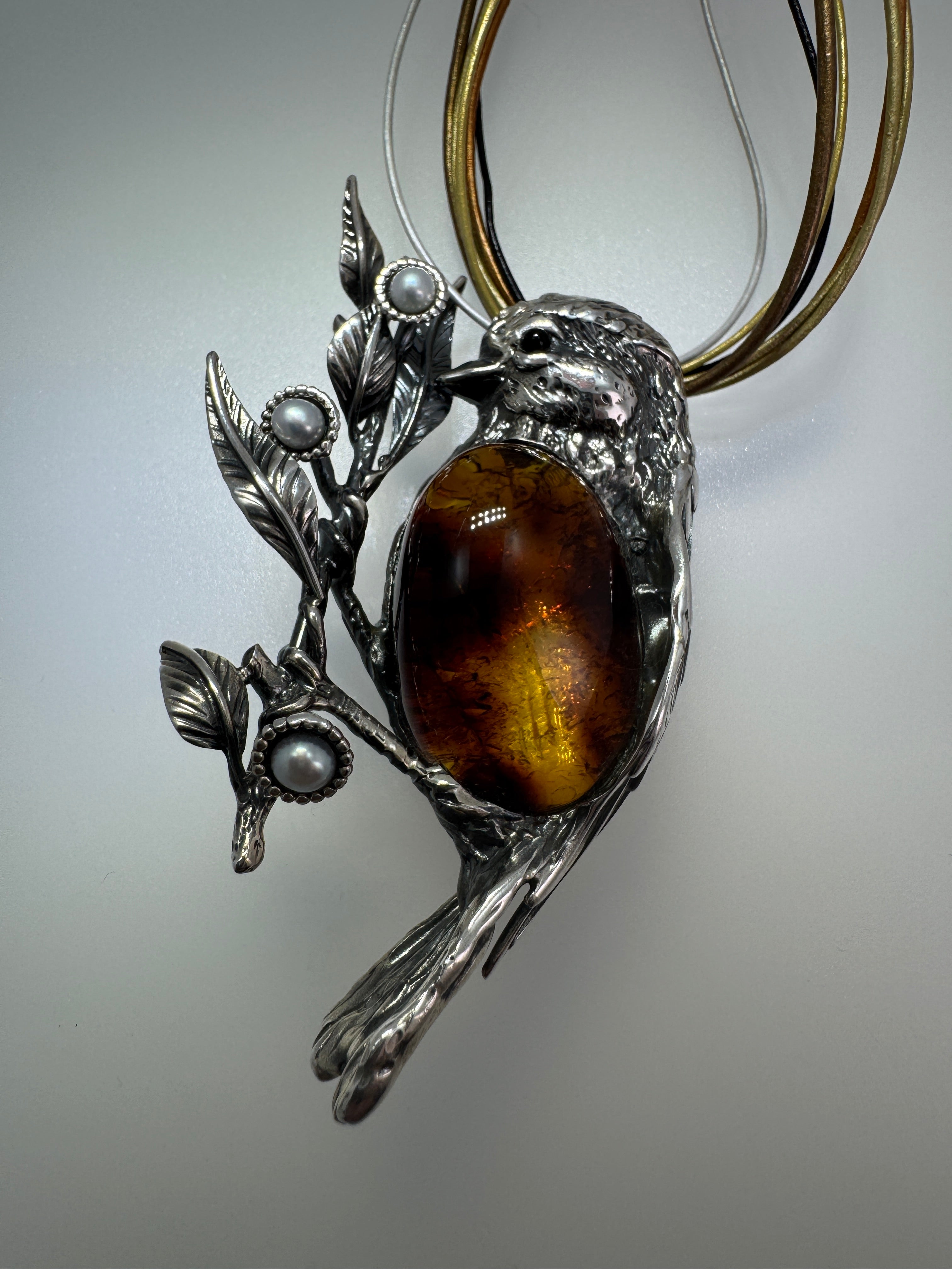One-of-a-Kind Sterling Silver Baltic Amber Bird Pendant Brooch