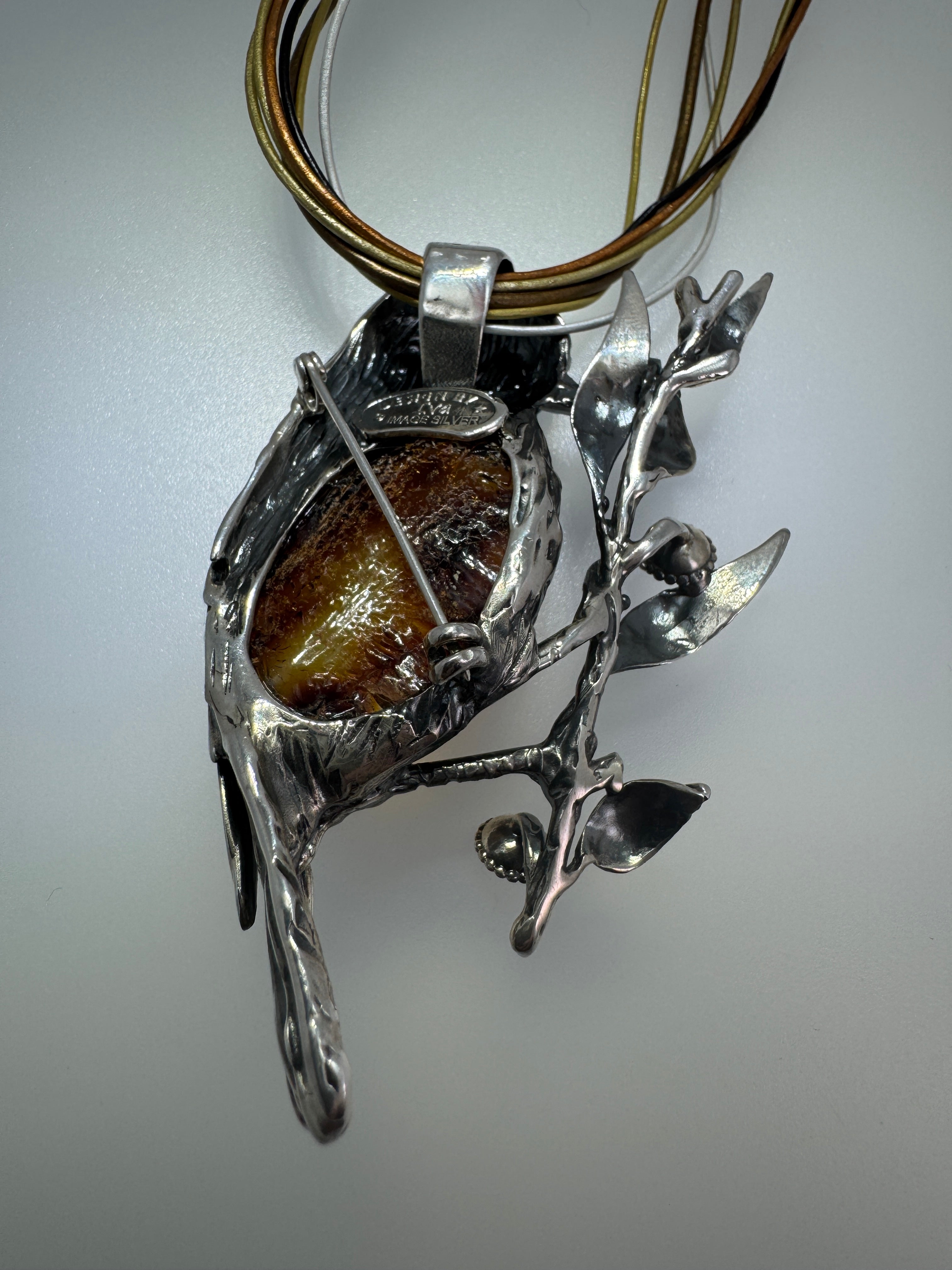 One-of-a-Kind Sterling Silver Baltic Amber Bird Pendant Brooch