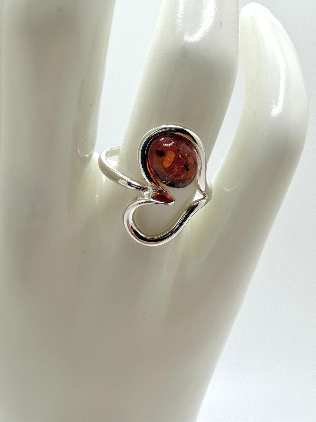 Open Heart and Baltic Amber & Sterling Silver Ring – Cognac Amber