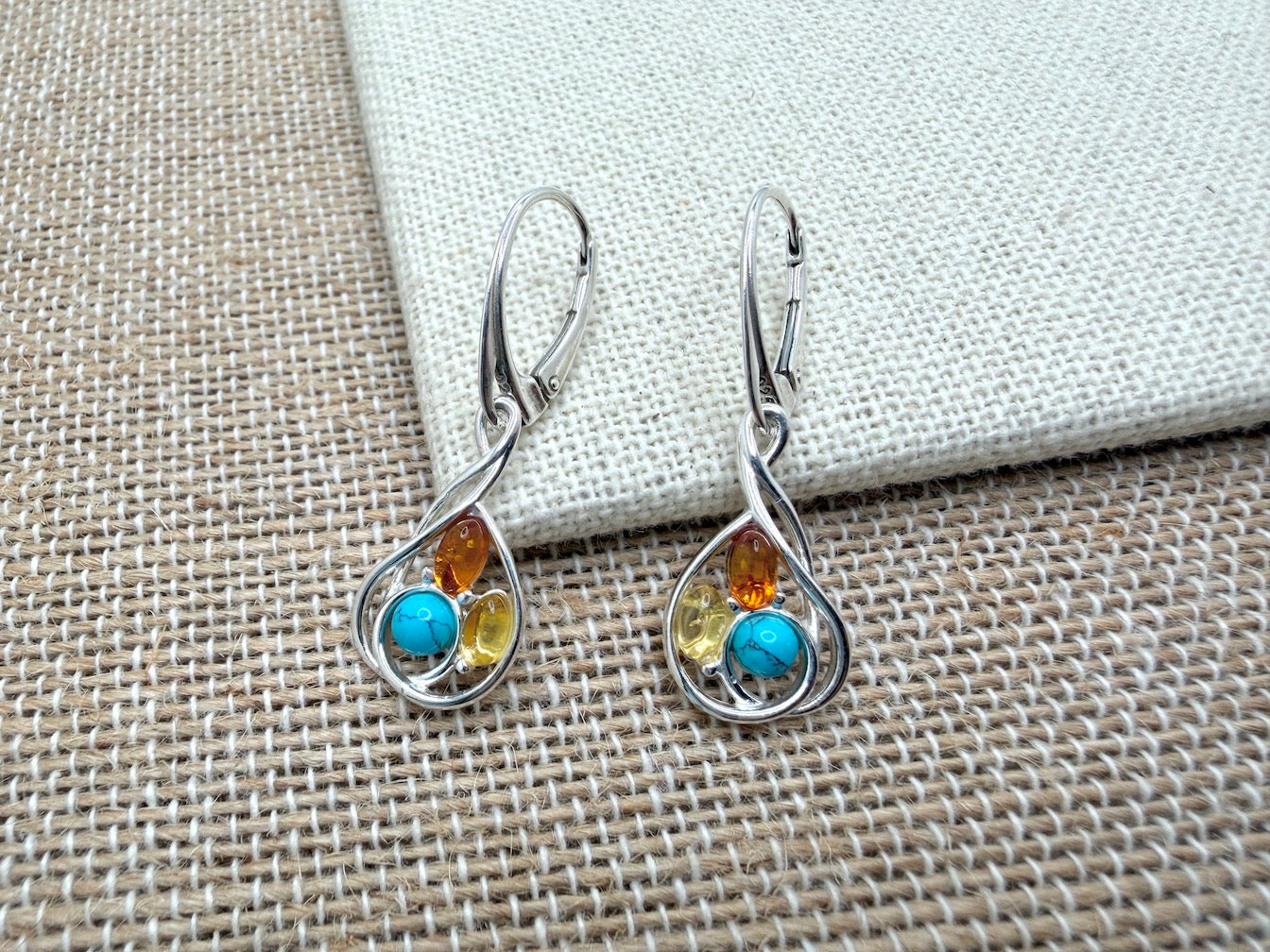 Organic Design 925 Sterling Silver & Cognac Baltic Amber Modern Drop Earrings – Oval Design with Turquoise Accent