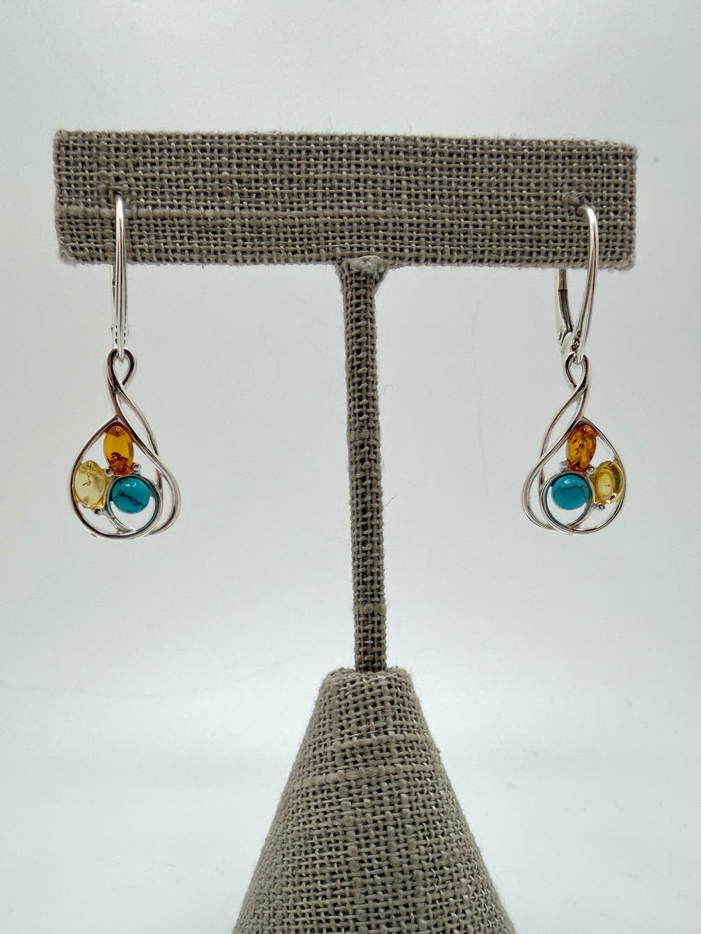 Organic Design 925 Sterling Silver & Cognac Baltic Amber Modern Drop Earrings – Oval Design with Turquoise Accent