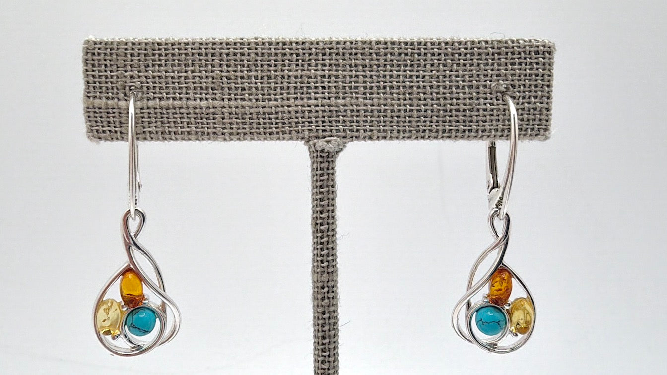 Organic Design 925 Sterling Silver & Cognac Baltic Amber Modern Drop Earrings – Oval Design with Turquoise Accent