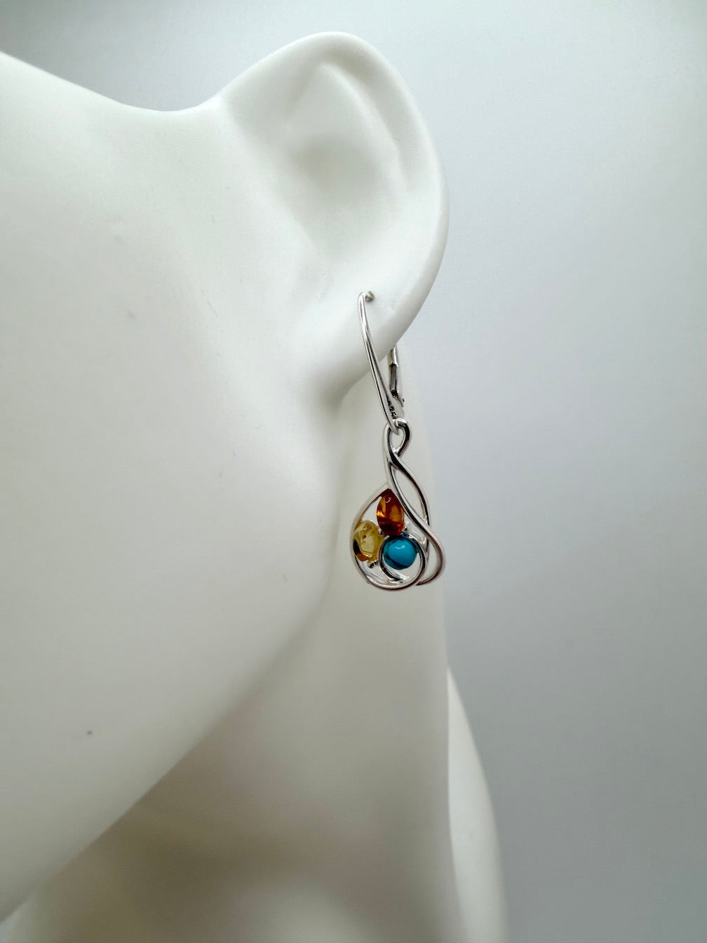 Organic Design 925 Sterling Silver & Cognac Baltic Amber Modern Drop Earrings – Oval Design with Turquoise Accent