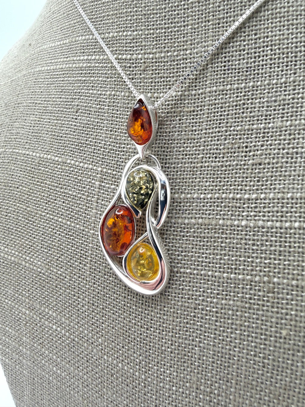 Organic Swirl Pendant with Genuine Baltic Amber Stones – Shipped on Silver Chain