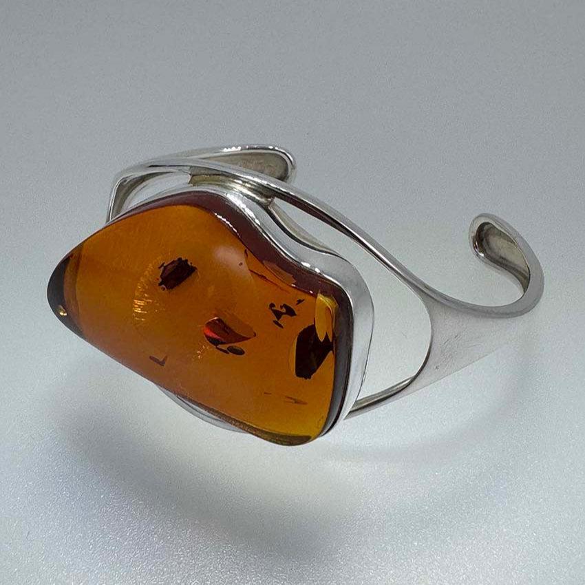 Oversized Sterling Silver Cognac Baltic Amber Cuff Bracelet - Handmade & One-of-a-Kind