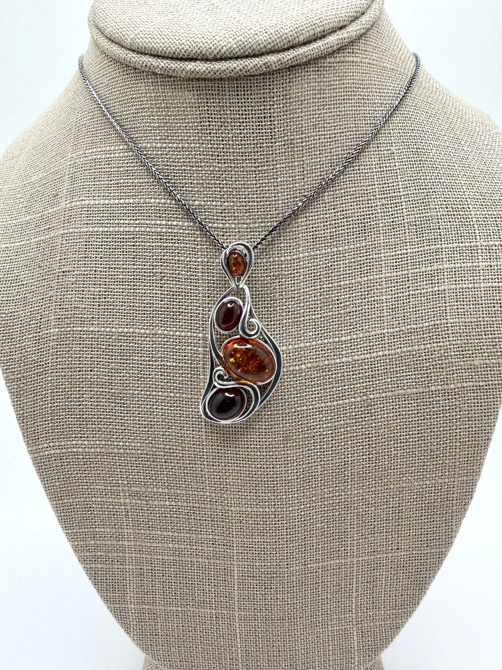Oxidized Sterling Silver Organic Swirl Pendant with Genuine Baltic Amber Stones – Shipped on Oxidized Wheat Chain