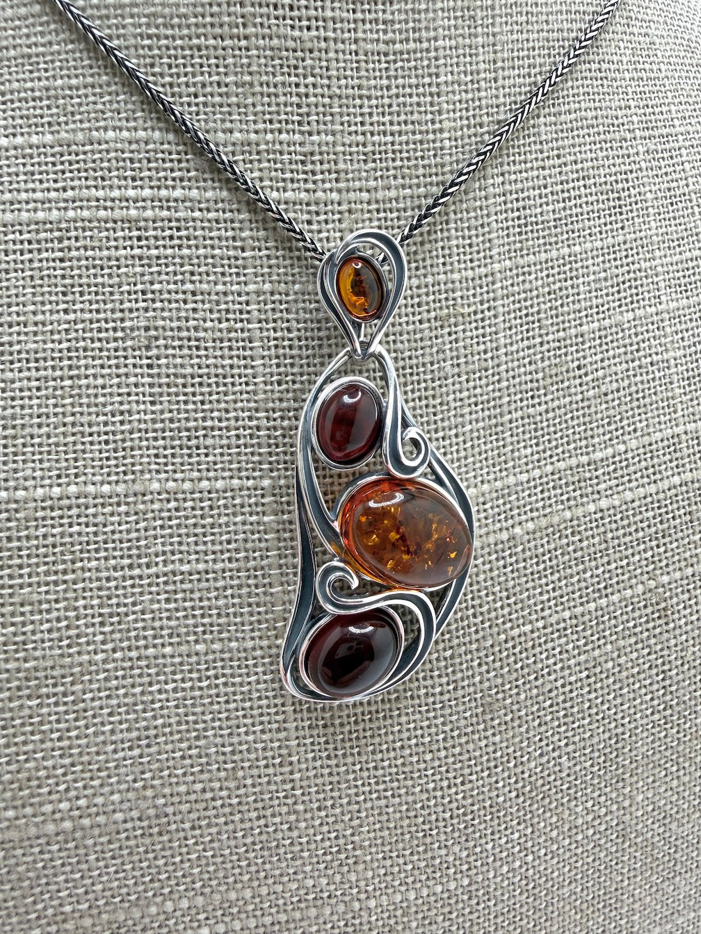 Oxidized Sterling Silver Organic Swirl Pendant with Genuine Baltic Amber Stones – Shipped on Oxidized Wheat Chain