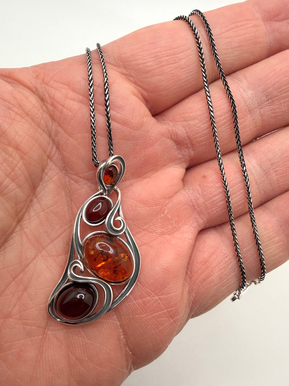 Oxidized Sterling Silver Organic Swirl Pendant with Genuine Baltic Amber Stones – Shipped on Oxidized Wheat Chain