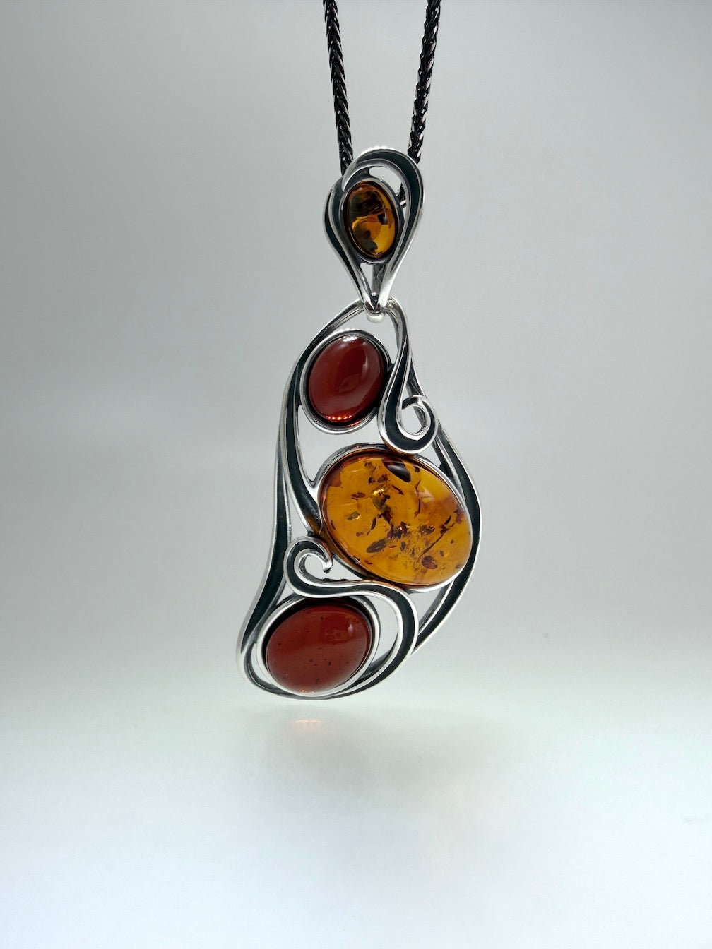 Oxidized Sterling Silver Organic Swirl Pendant with Genuine Baltic Amber Stones – Shipped on Oxidized Wheat Chain