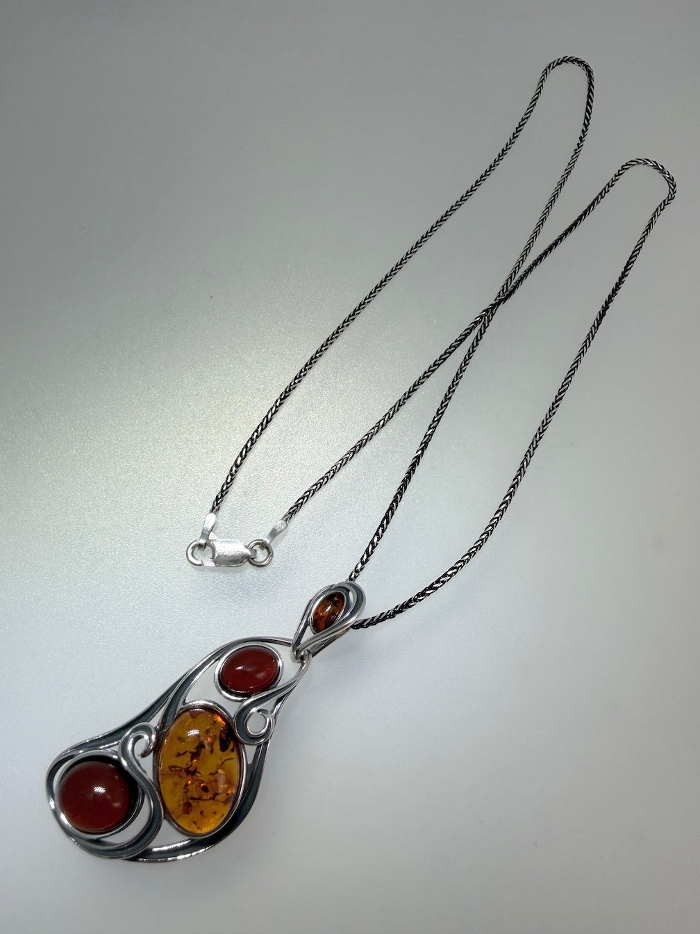 Oxidized Sterling Silver Organic Swirl Pendant with Genuine Baltic Amber Stones – Shipped on Oxidized Wheat Chain