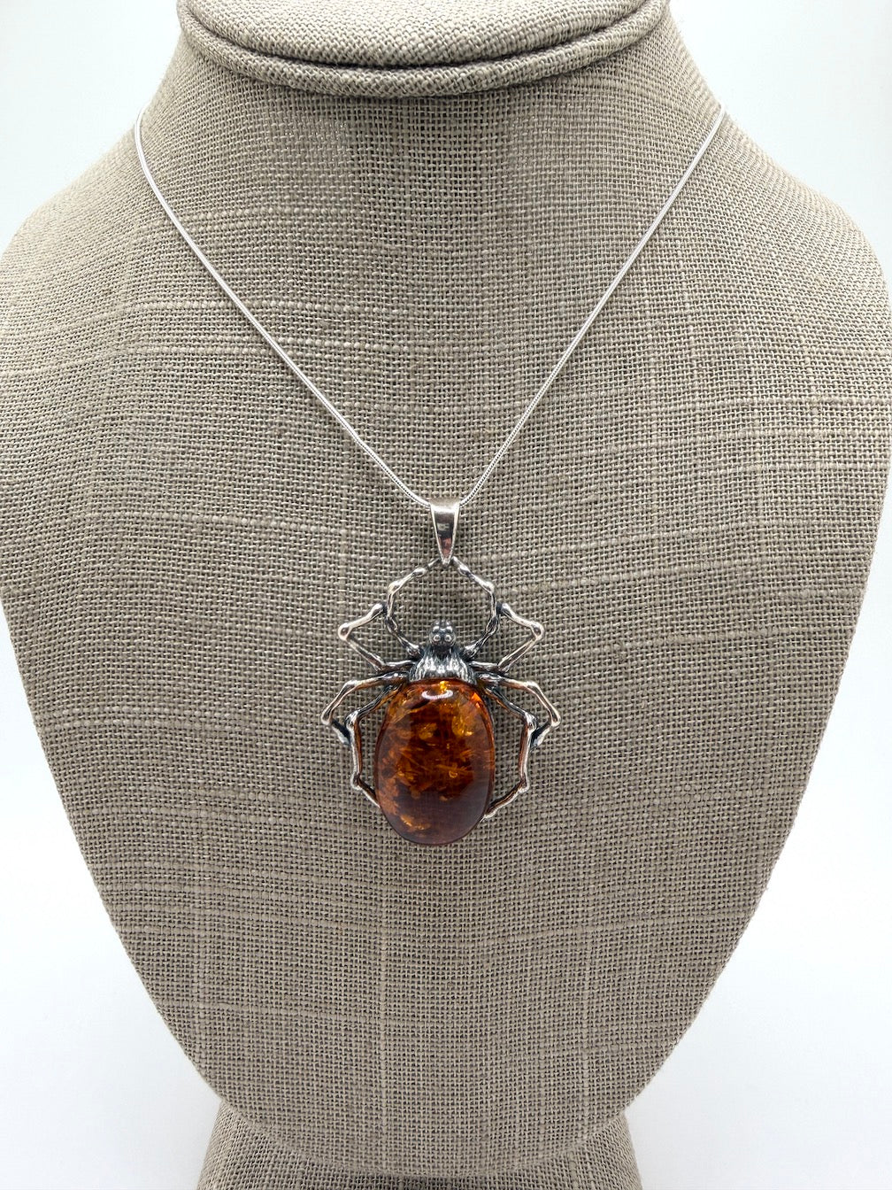 Oxidized Sterling Silver Spider Pendant with Green Baltic Amber on Paperclip Chain – Matching Ring Available