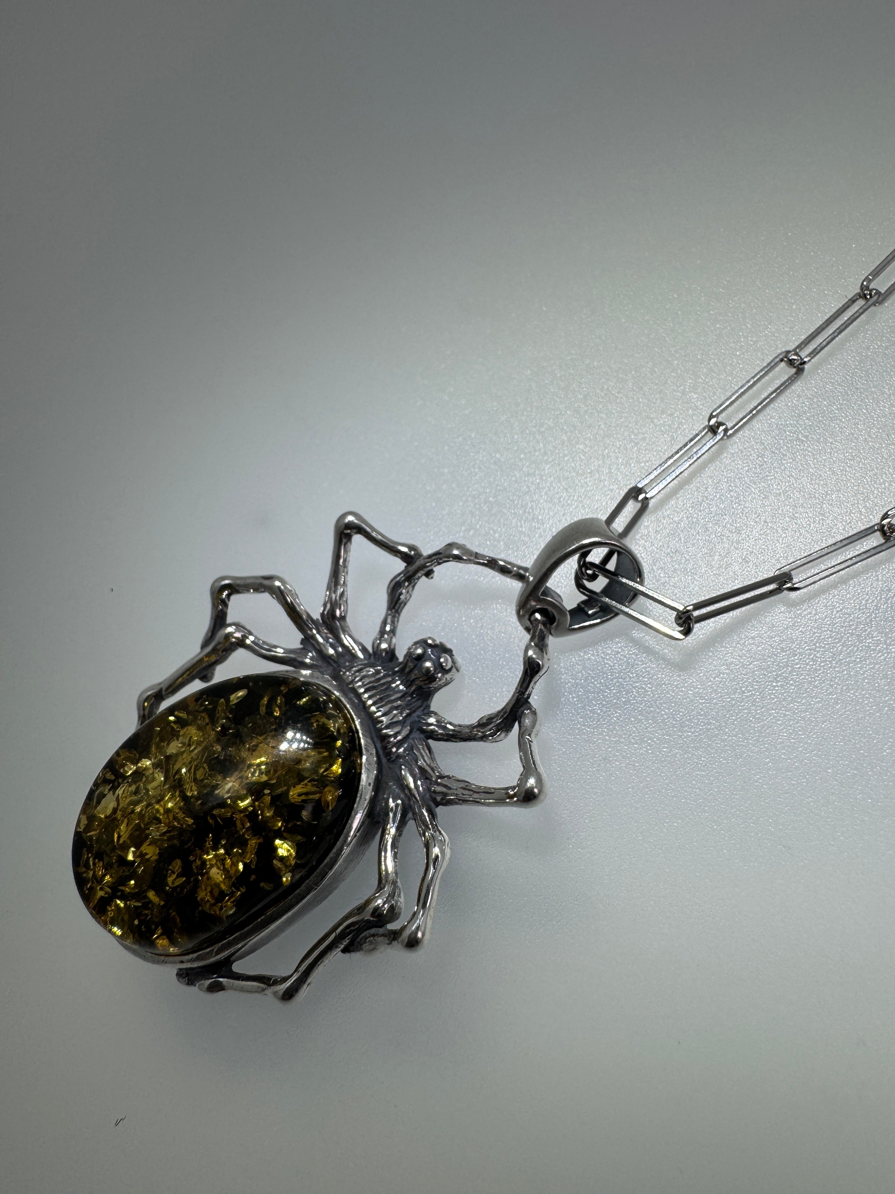 Oxidized Sterling Silver Spider Pendant with Green Baltic Amber on Paperclip Chain