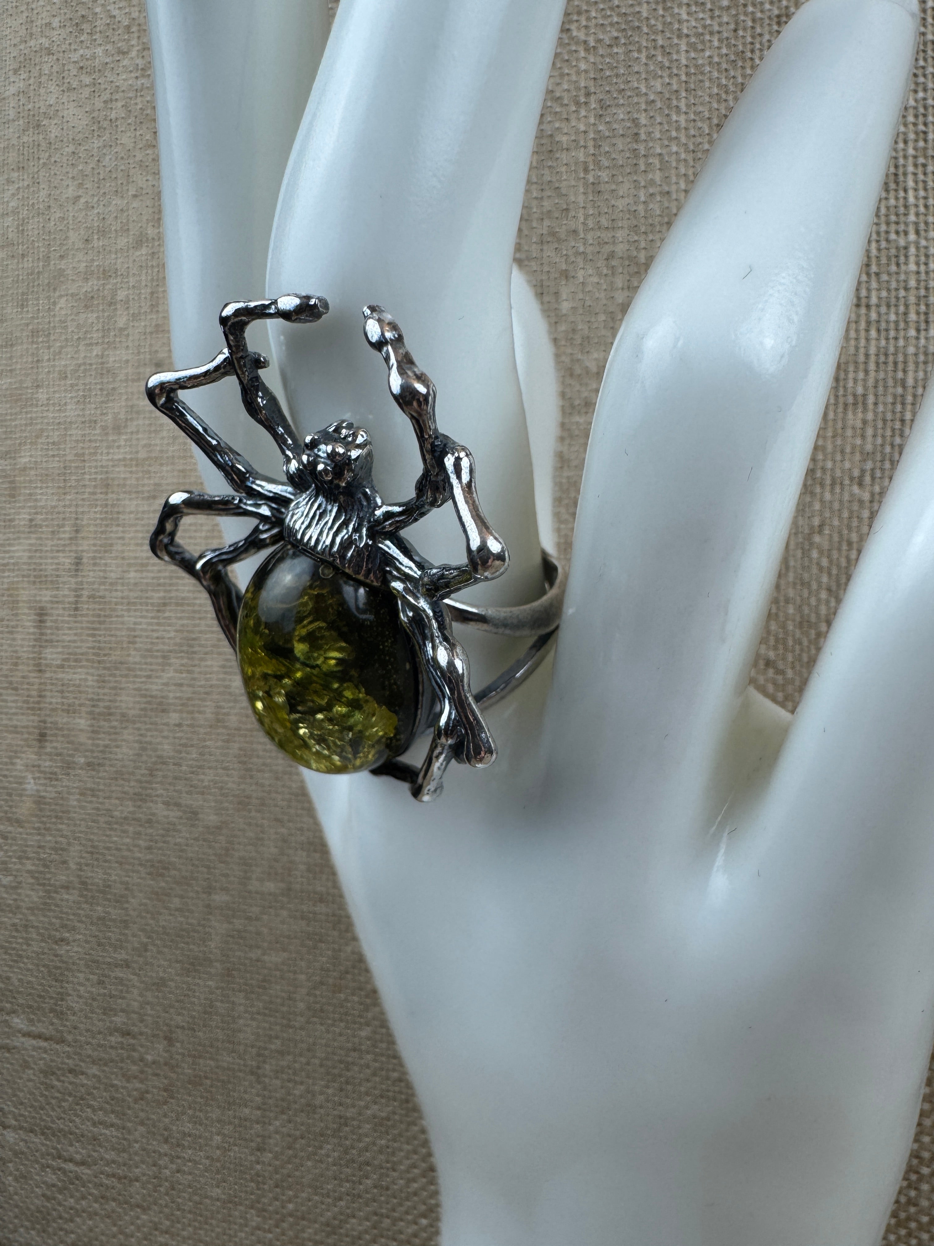 Oxidized Sterling Silver Spider Ring with Green Baltic Amber – Adjustable Open Shank