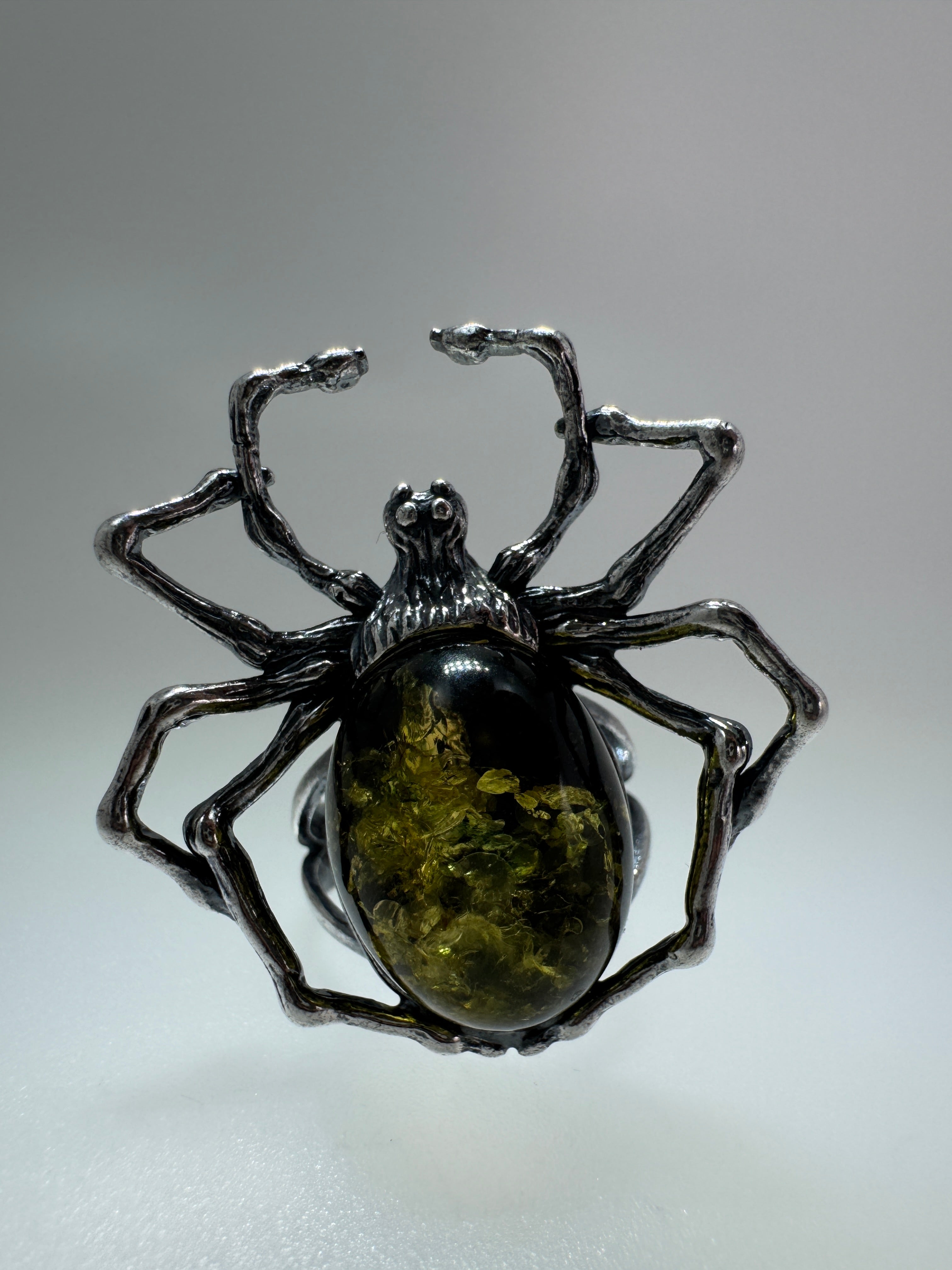 Oxidized Sterling Silver Spider Ring with Green Baltic Amber – Adjustable Open Shank
