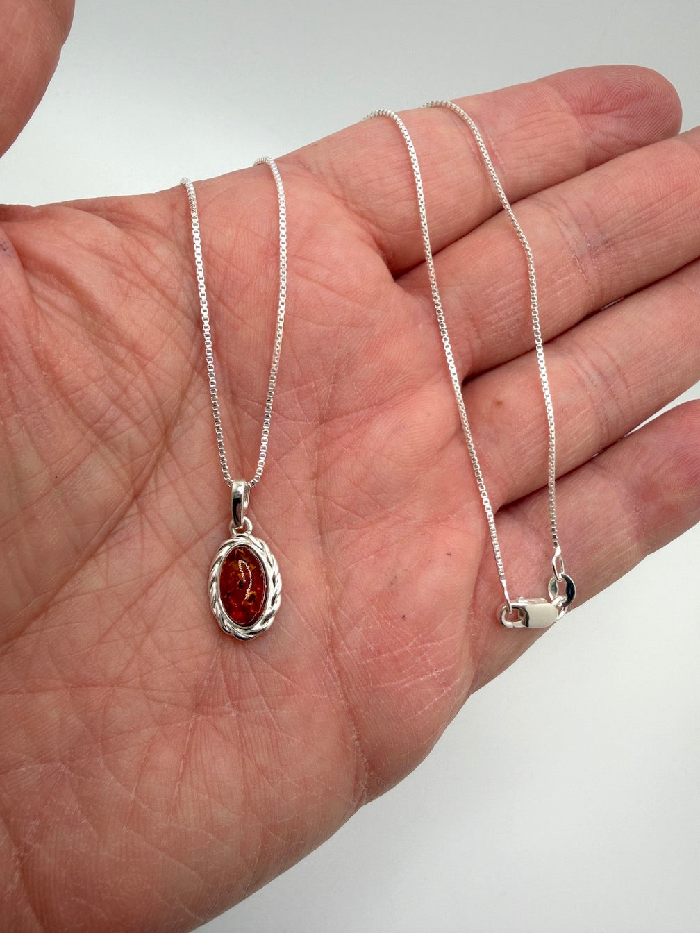 Petite Baltic Amber Oval Pendant – Sterling Silver Mini Amber Necklace on Box Chain – Minimal Everyday Jewelry