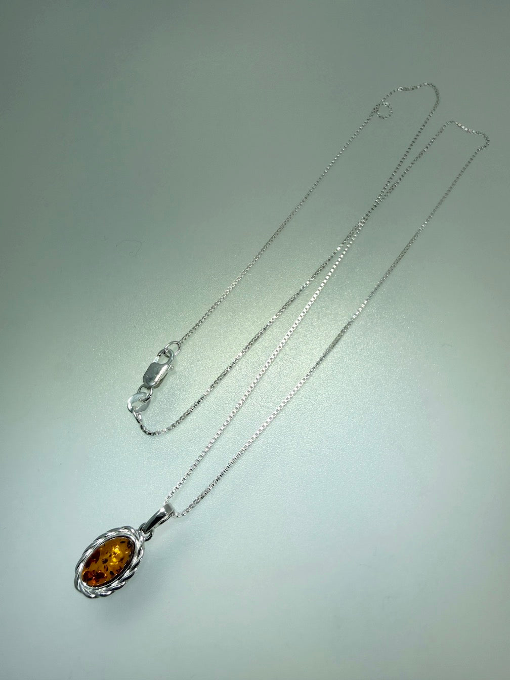 Petite Baltic Amber Oval Pendant – Sterling Silver Mini Amber Necklace on Box Chain – Minimal Everyday Jewelry
