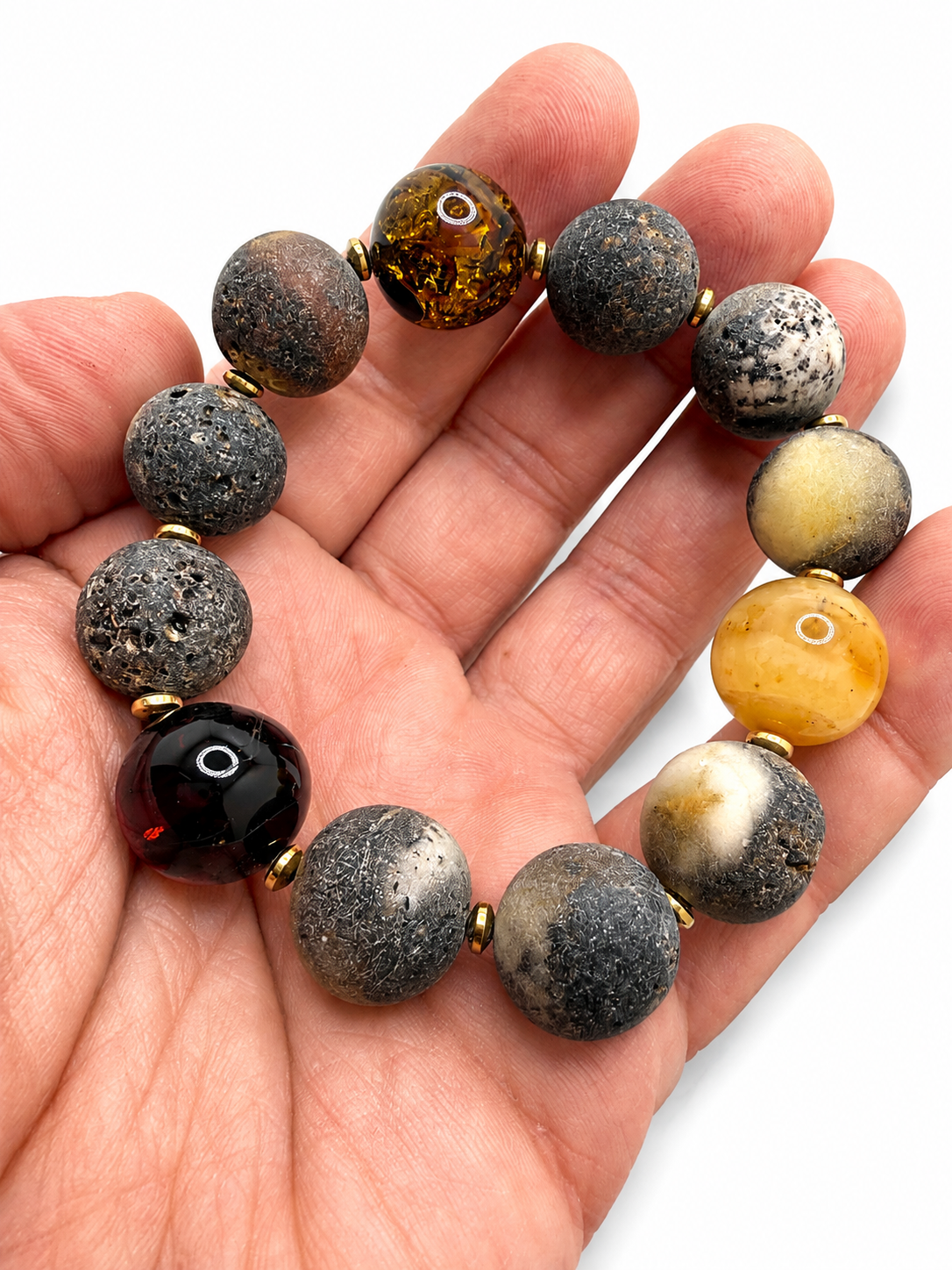 Rare Natural Gray Baltic Amber Bracelet – 16mm Round Beads