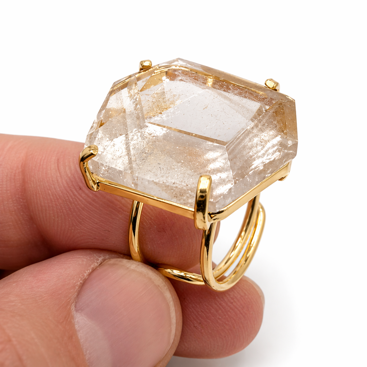 Reticulated Quartz Statement Ring Gold Plated Brass, Adjustable Open Shank Ring, Handmade Brazil Gemstone Jewelry, Unique Pattern Quartz One of a Kind Ring