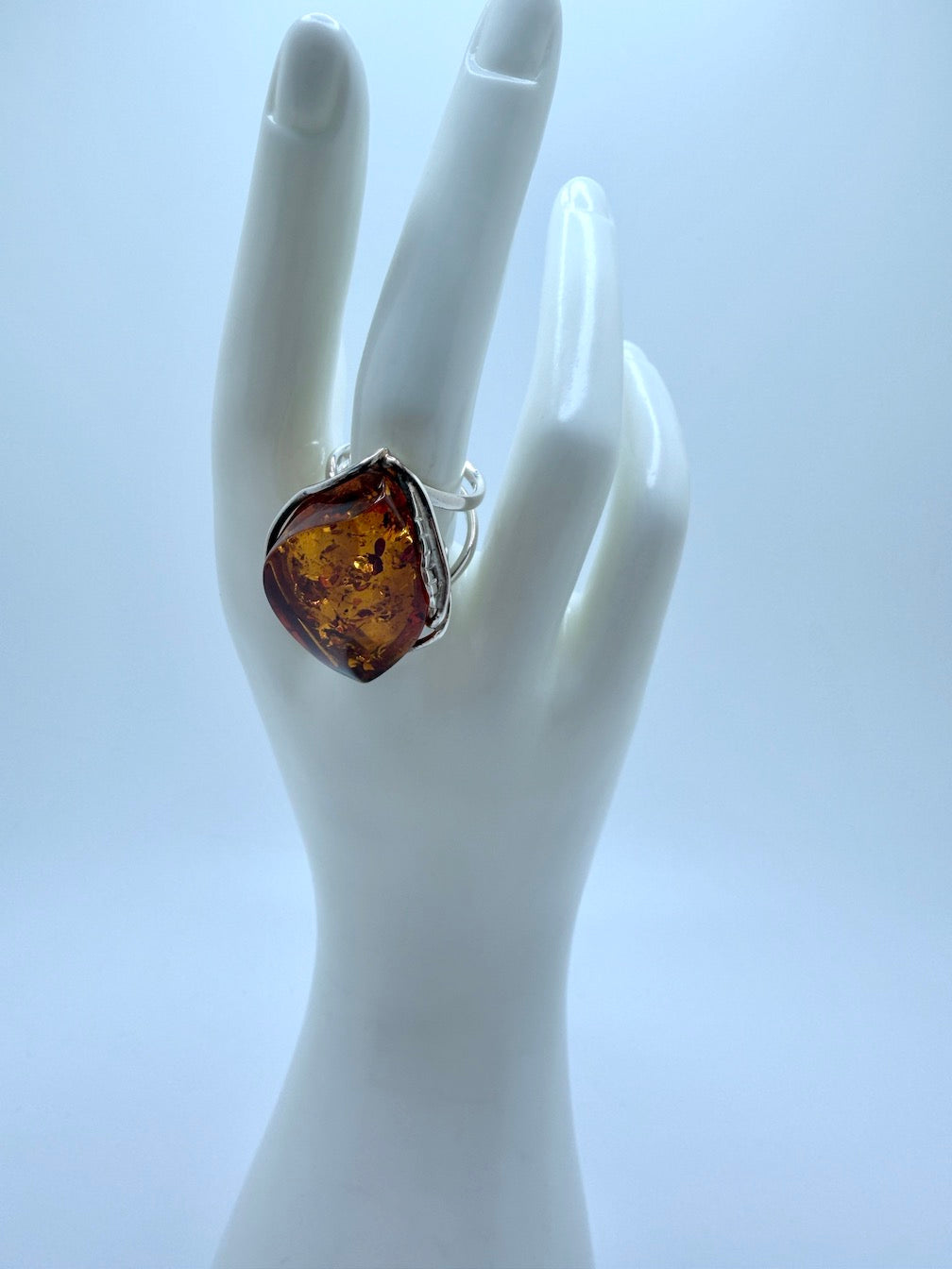 Sterling 925 Silver Marquise Cognac Baltic Amber Ring – Handmade organic leaf design