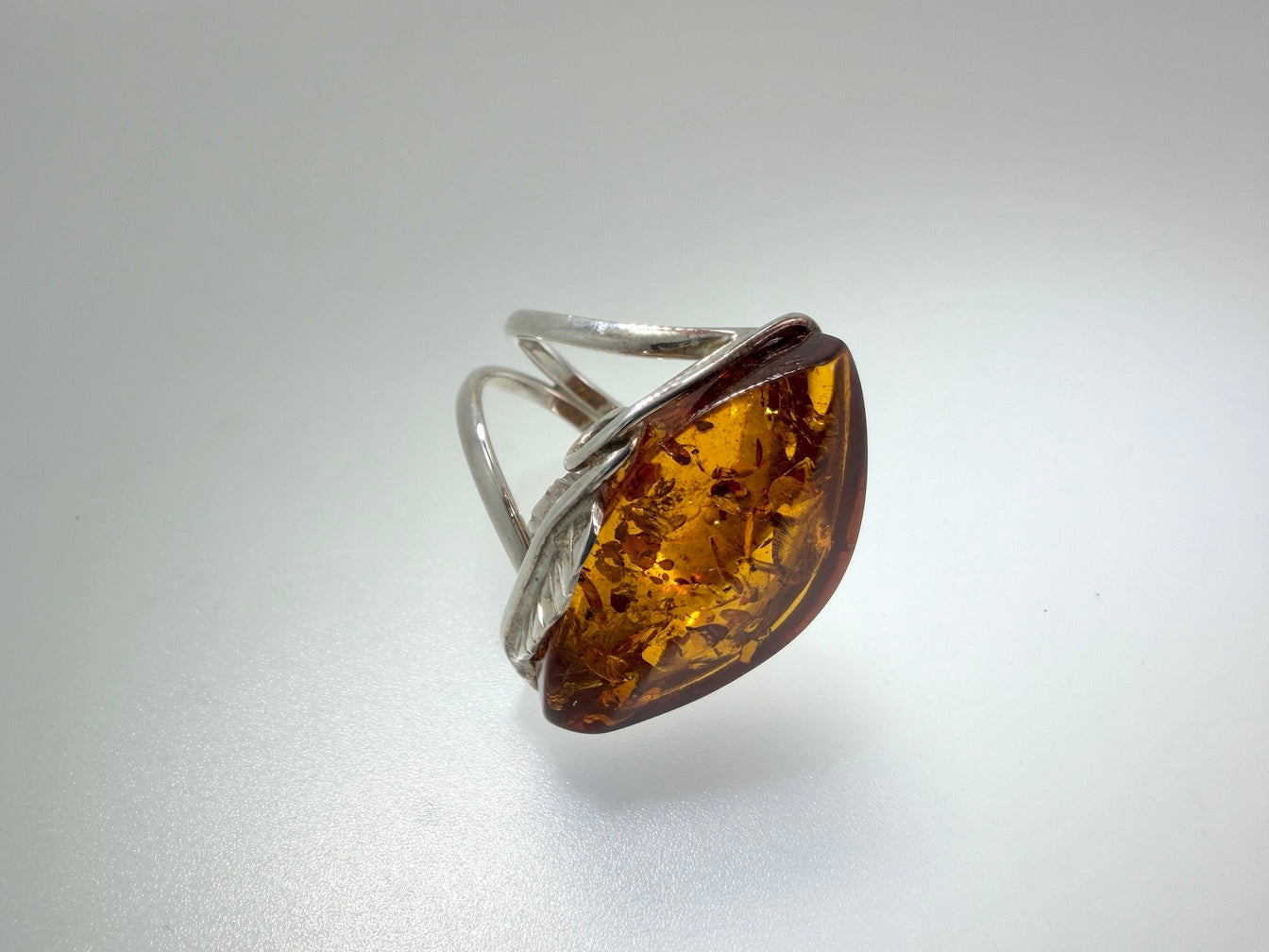 Sterling 925 Silver Marquise Cognac Baltic Amber Ring – Handmade organic leaf design