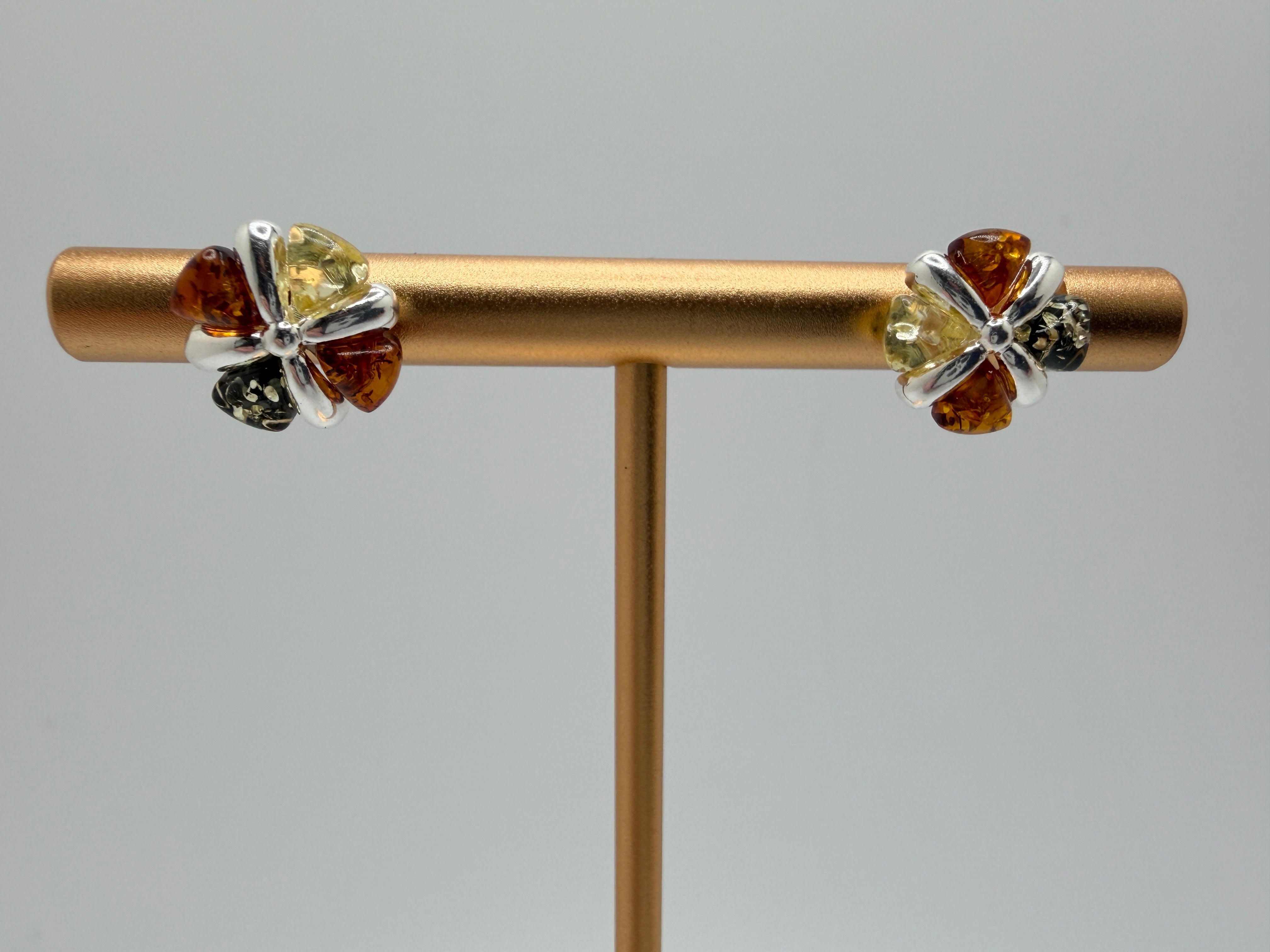 Sterling Silver Amber Trio Studs – Honey, Cognac & Lemon Amber Earrings