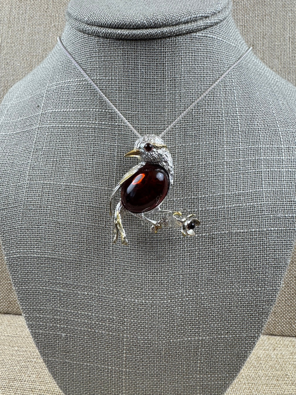 Sterling Silver Baltic Amber Bird Pendant Brooch – Cognac or Butterscotch Cabochon & Gold-Plated Accents