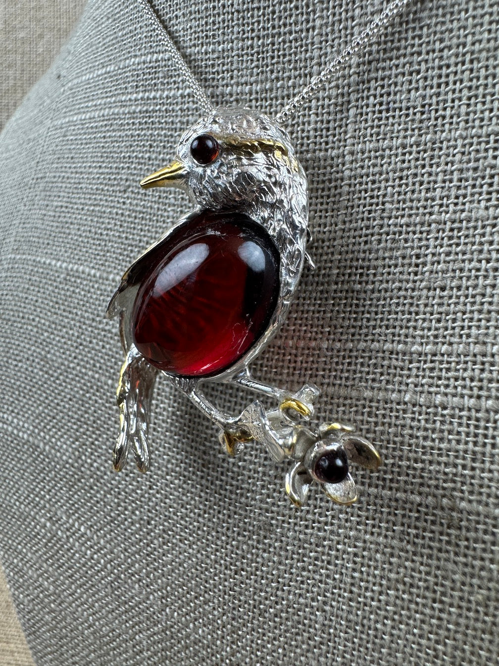 Sterling Silver Baltic Amber Bird Pendant Brooch – Cognac or Butterscotch Cabochon & Gold-Plated Accents